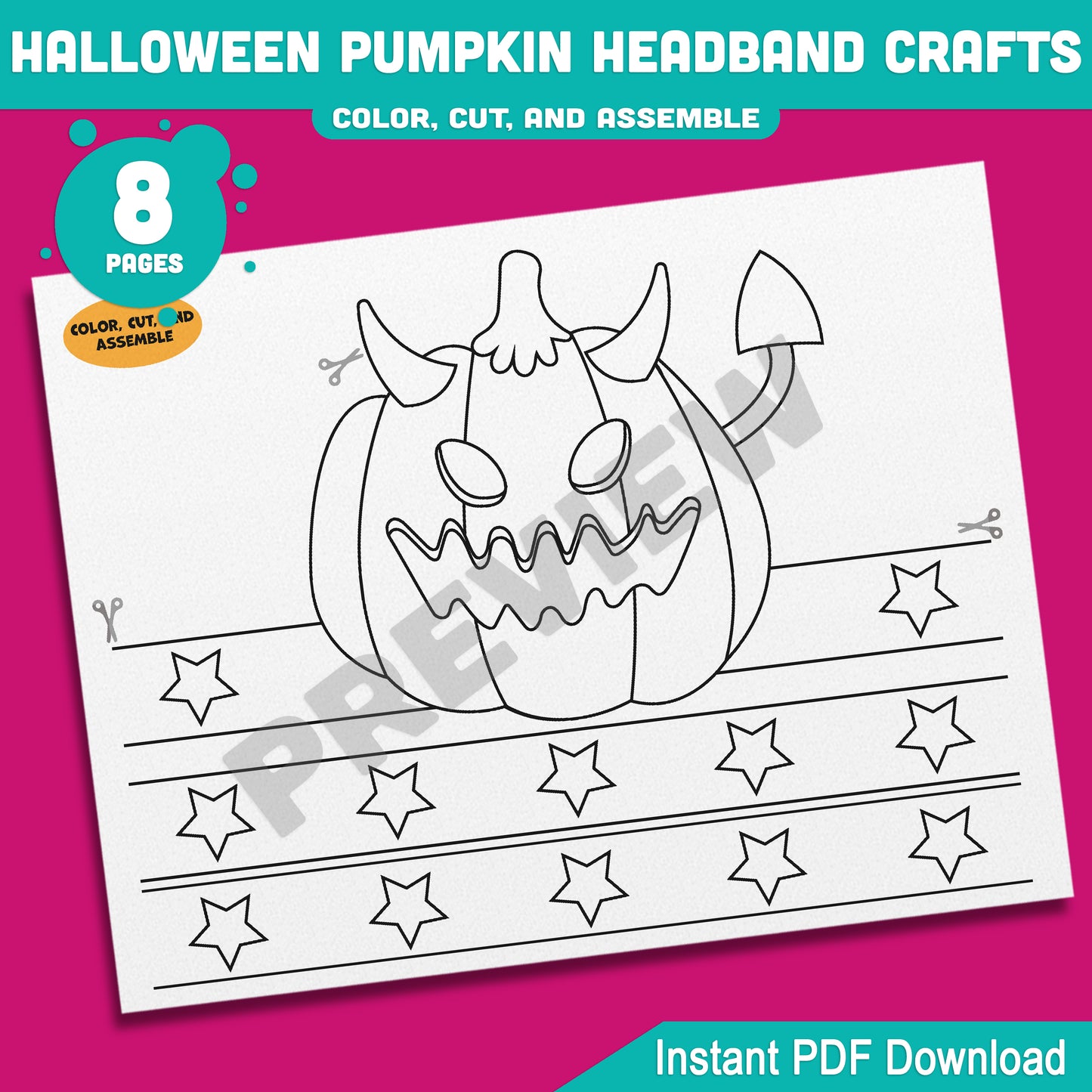 Halloween Pumpkin Headband Crafts for Kids – 4 Fun Designs, Pre-Colored & Black and White, Perfect Preschool, Pre-K, Kindergarten Drama Activity