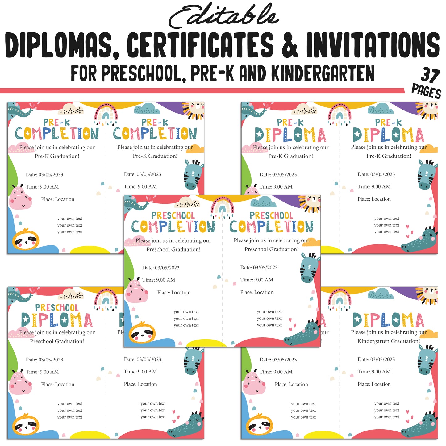 Editable Kindergarten, Pre-K, and Preschool Completion Certificates, Diplomas & Invitations Backgrounds, PDF Files, Instant Download
