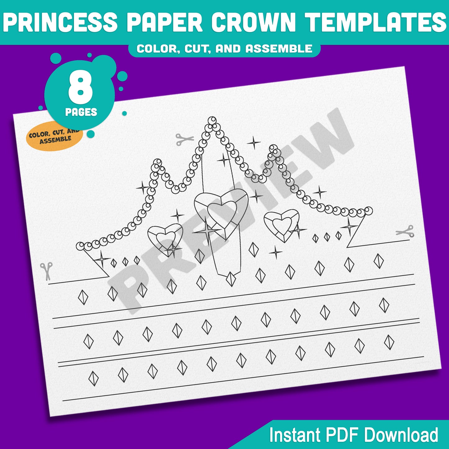 Princess Paper Crowns – 4 Printable Tiara and Royal Hat Designs for Kids, in Color and Black & White, Fun Headband Craft, 8 Pages