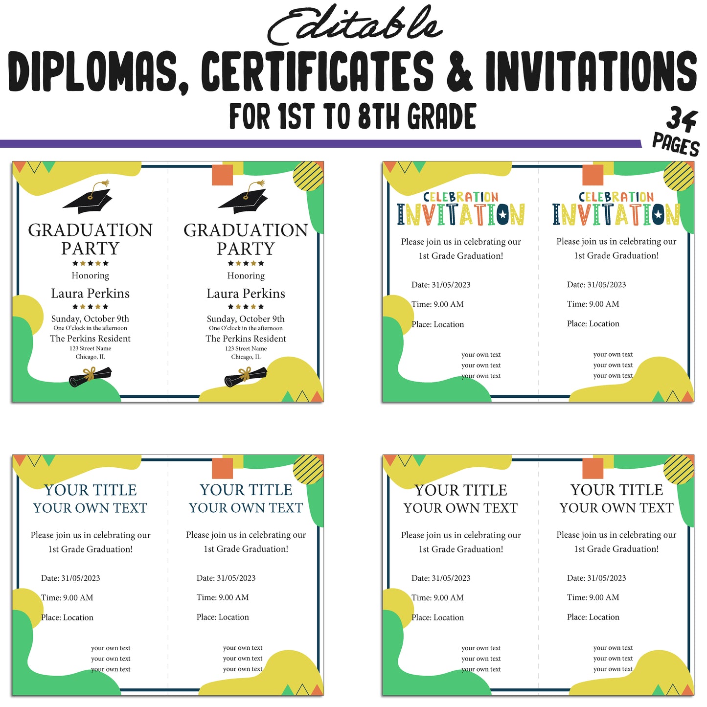 34 Editable First Grade Diplomas, 1st-8th Grade Certificates, Diplomas, and Invitation Templates, Flat Modern-Themed, PDF Instant Download