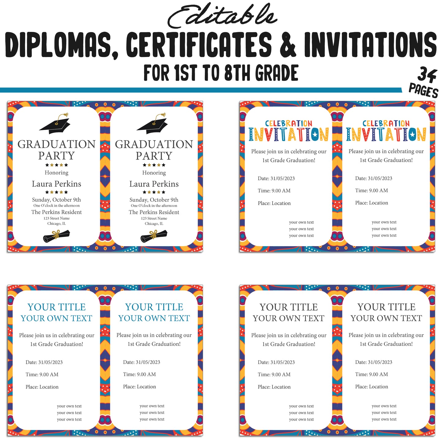 Editable 7th Grade Diplomas, 1st-8th Grade Certificates, and Invitation Templates in Professional Design - 34 Pages, PDF Instant Download