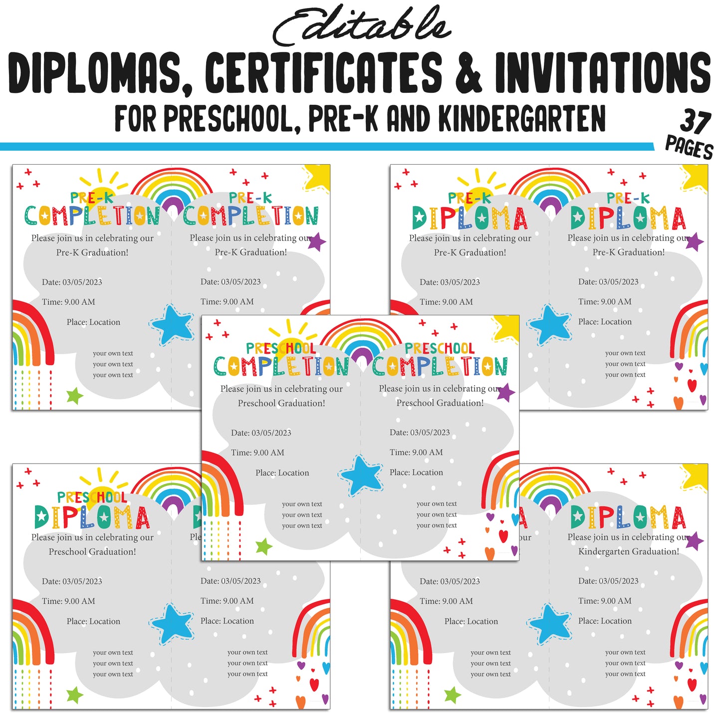 37 Editable Printable Pre-K, Kindergarten, and Preschool Diplomas, Certificates, and Invitation Templates (PDF File) - Instant Download