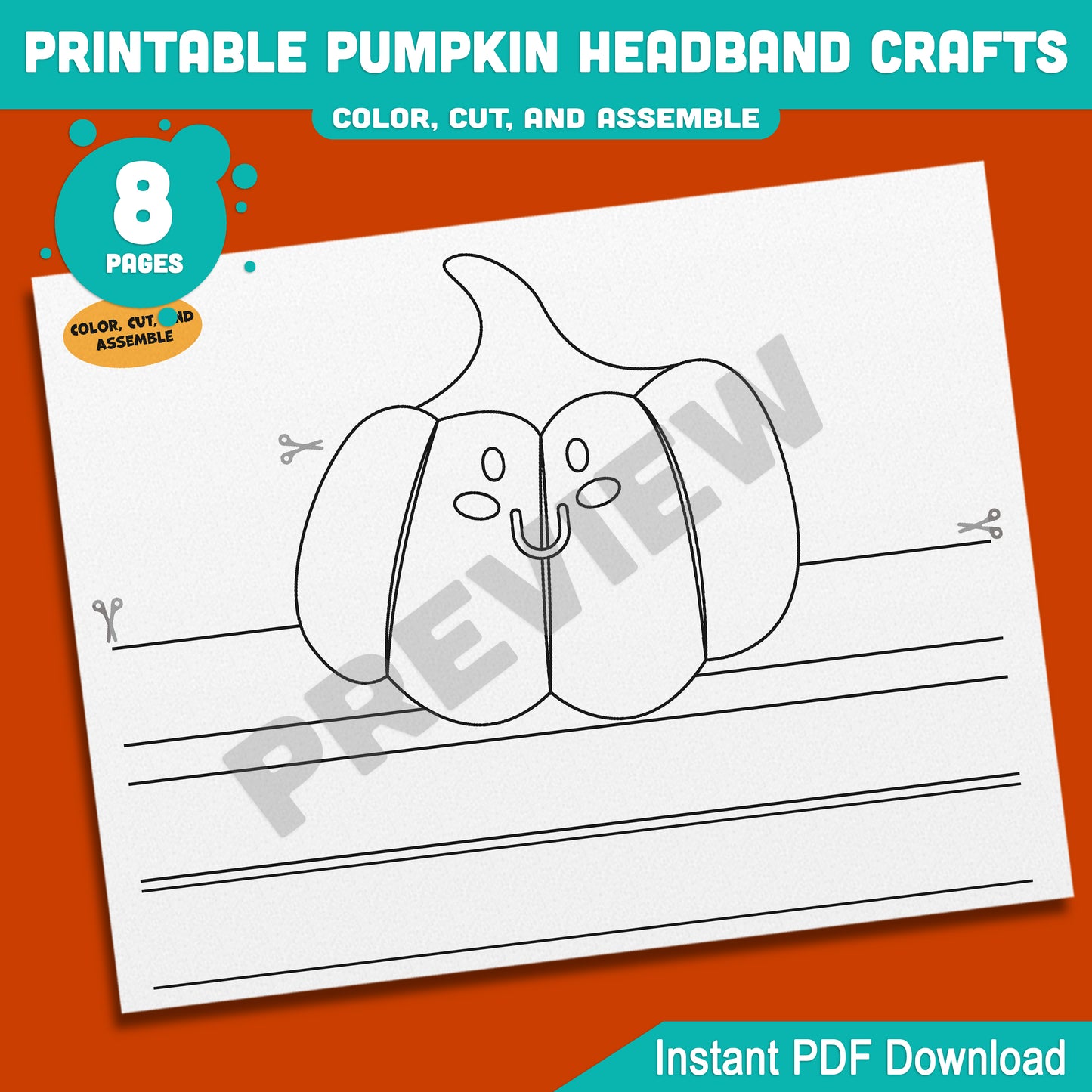 Printable Pumpkin Headband Crafts, Autumn Paper Crown and Hat Coloring Activity, Cut, Color & Wear for Kids, 5 Designs, Pre-colored + Black & White, PDF Download