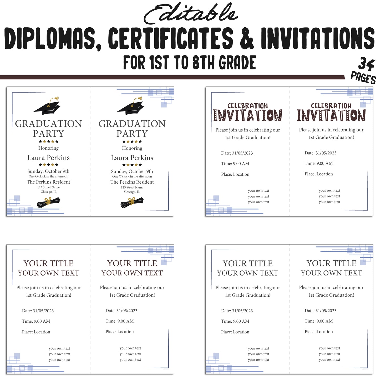 Printable 5th Grade Diplomas, Editable Certificates for 1st-8th Grades & Invitation Templates in a Simple Design, 34 Pages, Instant Download