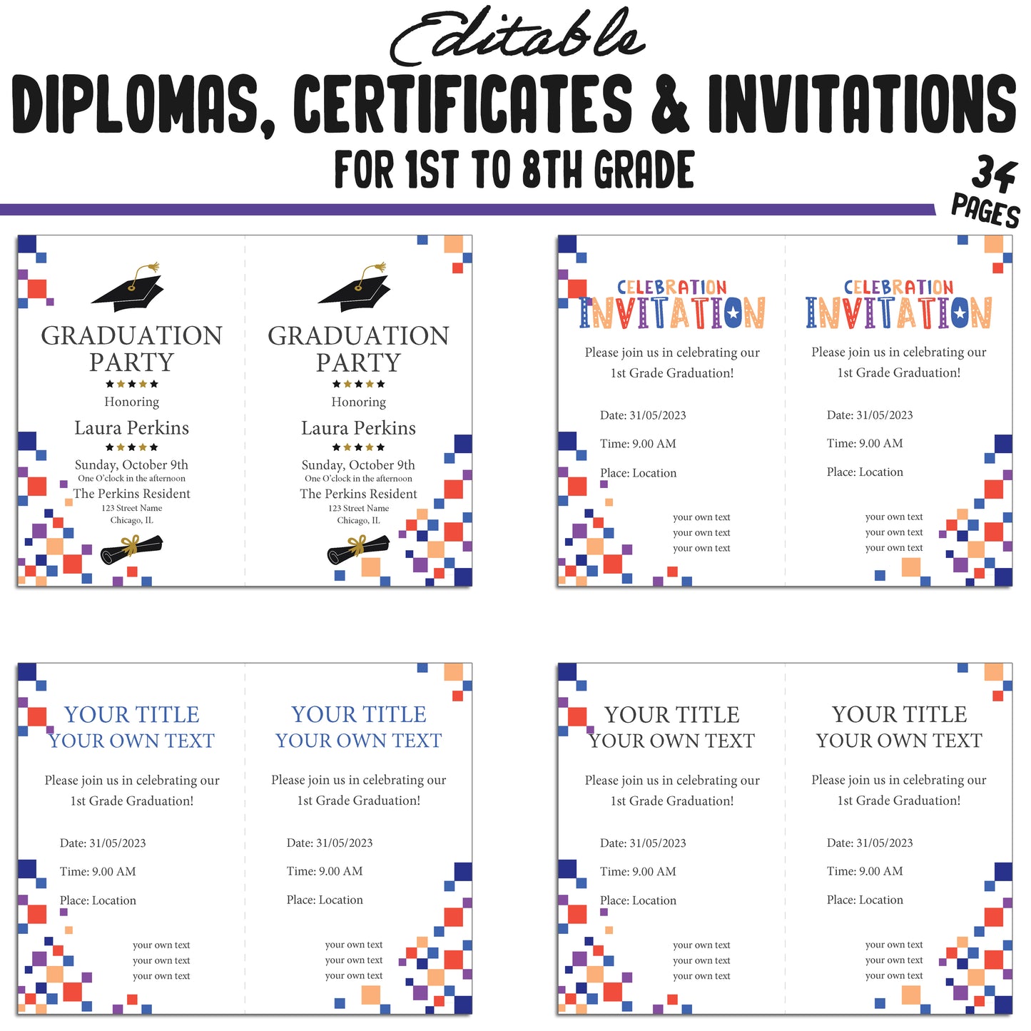 34 Editable First Grade Completion Certificate, 1st-8th Grade Diplomas & Invitation Templates, Simple Abstract-Themed, PDF Instant Download