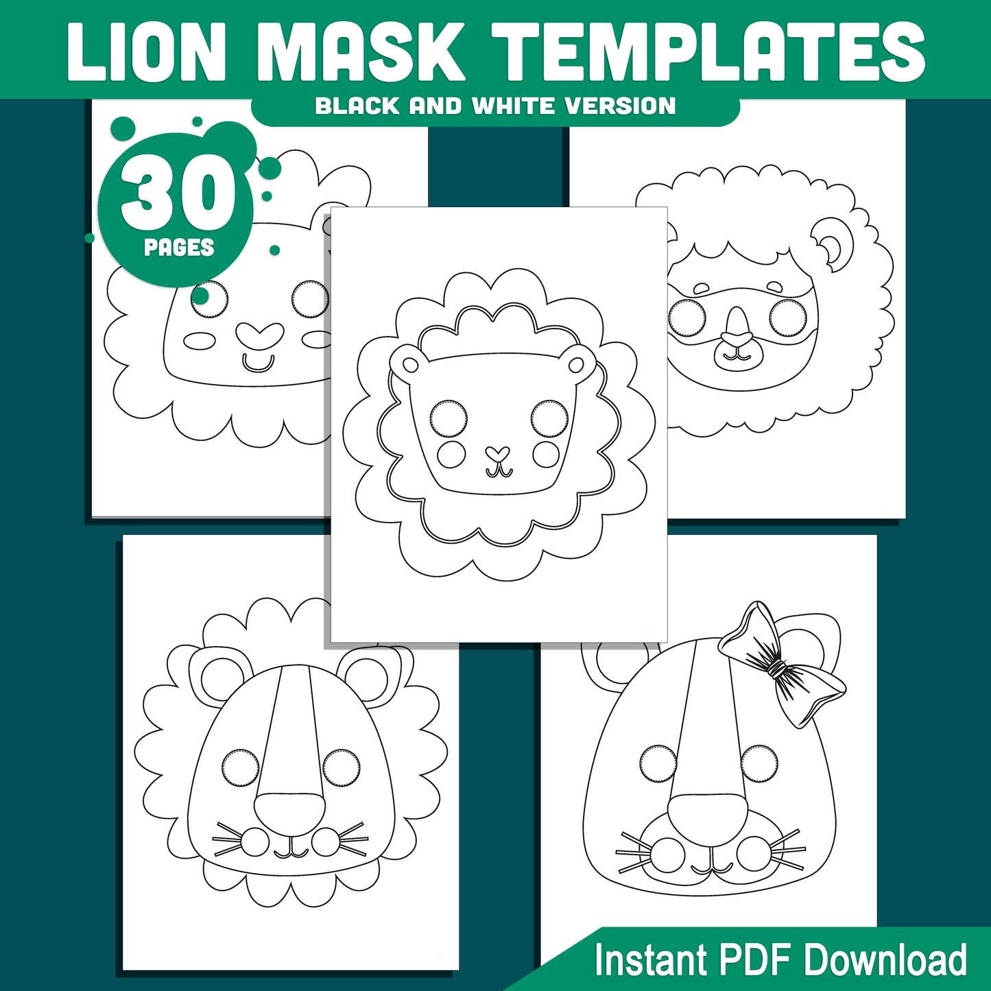 DIY Lion Mask Templates – Fun Printable Face Masks for Kids, Ideal for Birthday Parties, Costumes & Playtime, Black-and-White & Colored PDF, Instant Download