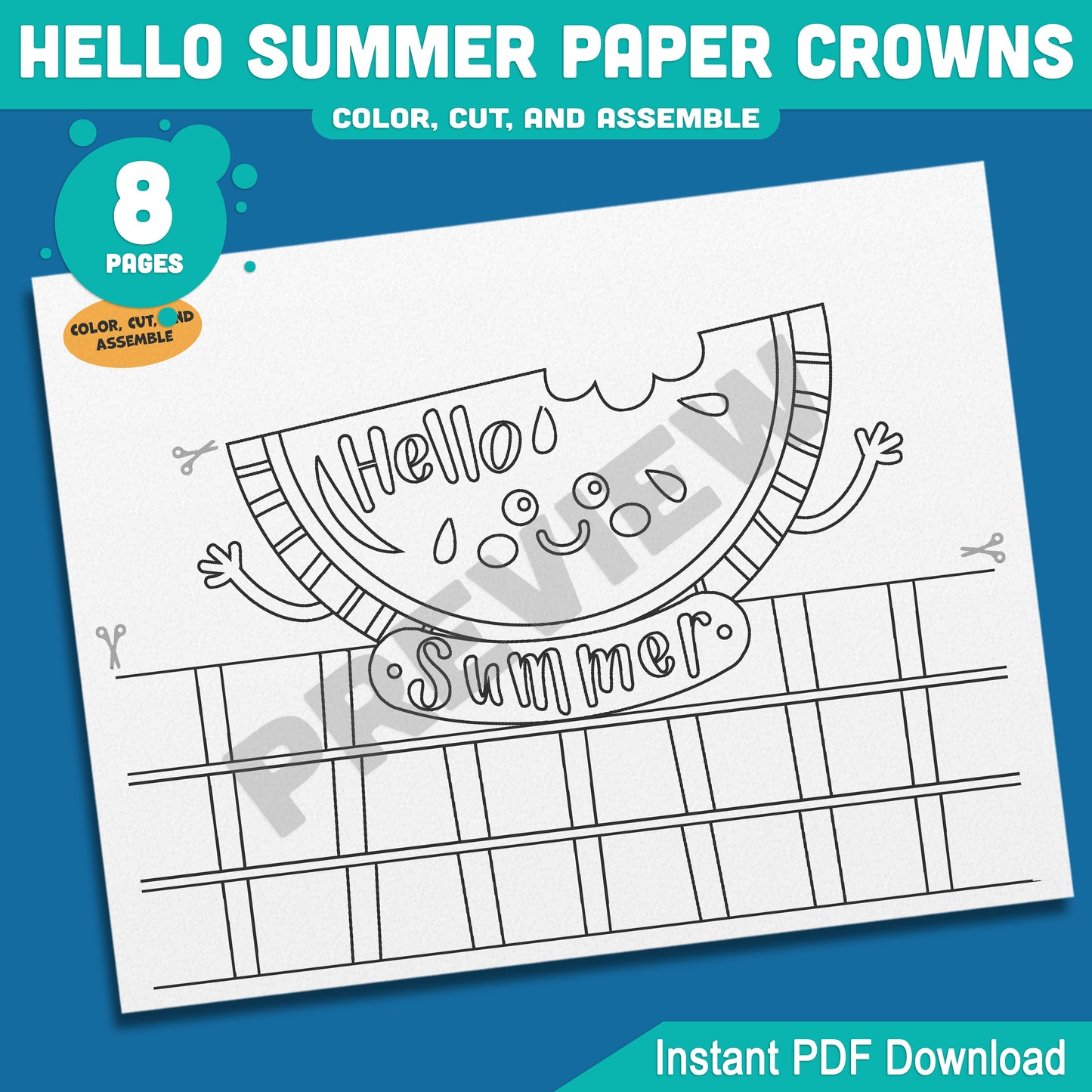 Hello Summer Paper Crown Craft for Kids – Beach Headbands in 4 Designs, Color and Black & White Printable Hats, Instant PDF, 8 Pages