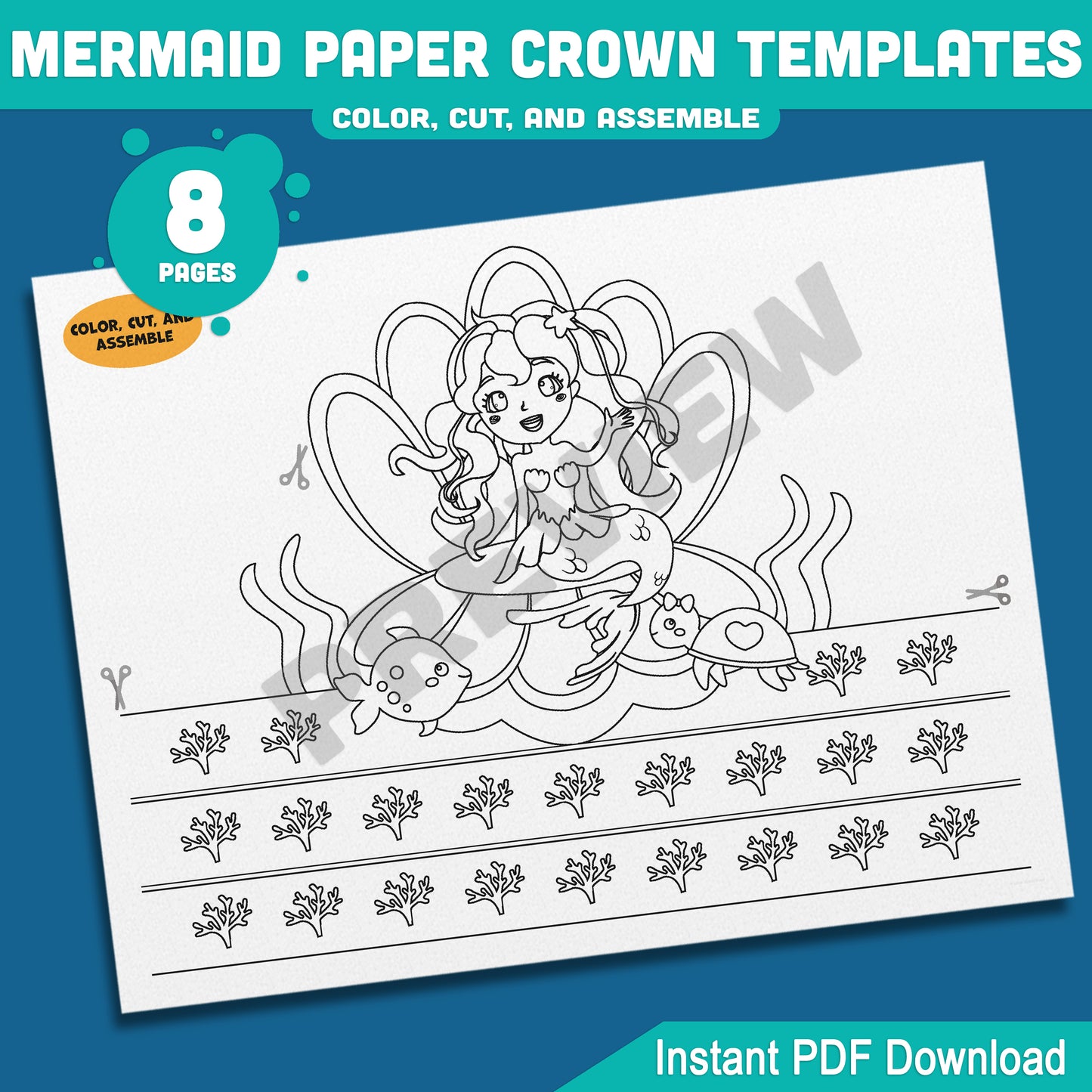 Mermaid Paper Crown, Hat, and Headband Craft for Kids – Fun Printable Designs in Color & Black and White, Instant 8-Page PDF Download