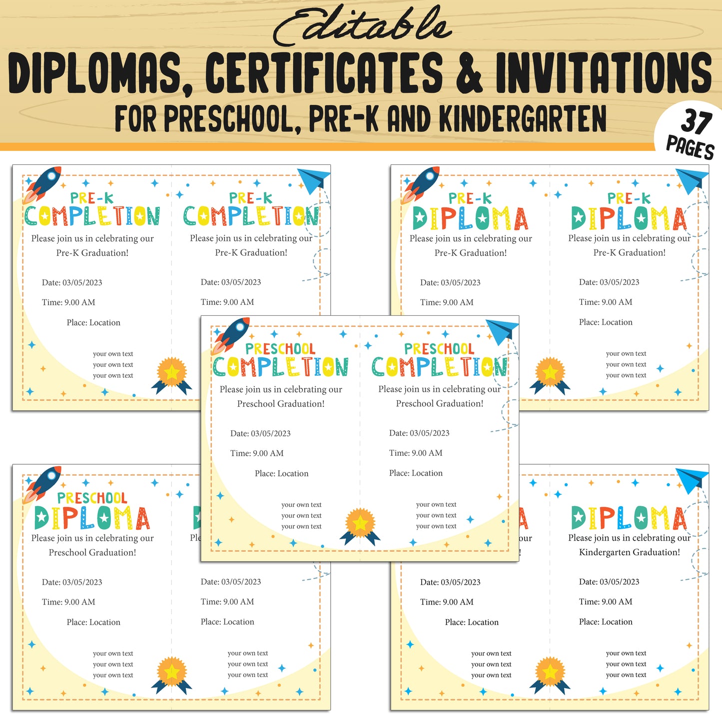Fun and Editable Preschool, Pre-K, and Kindergarten Diplomas, Certificates, and Invitations β 37 Customizable PDF Pages, Instant Download