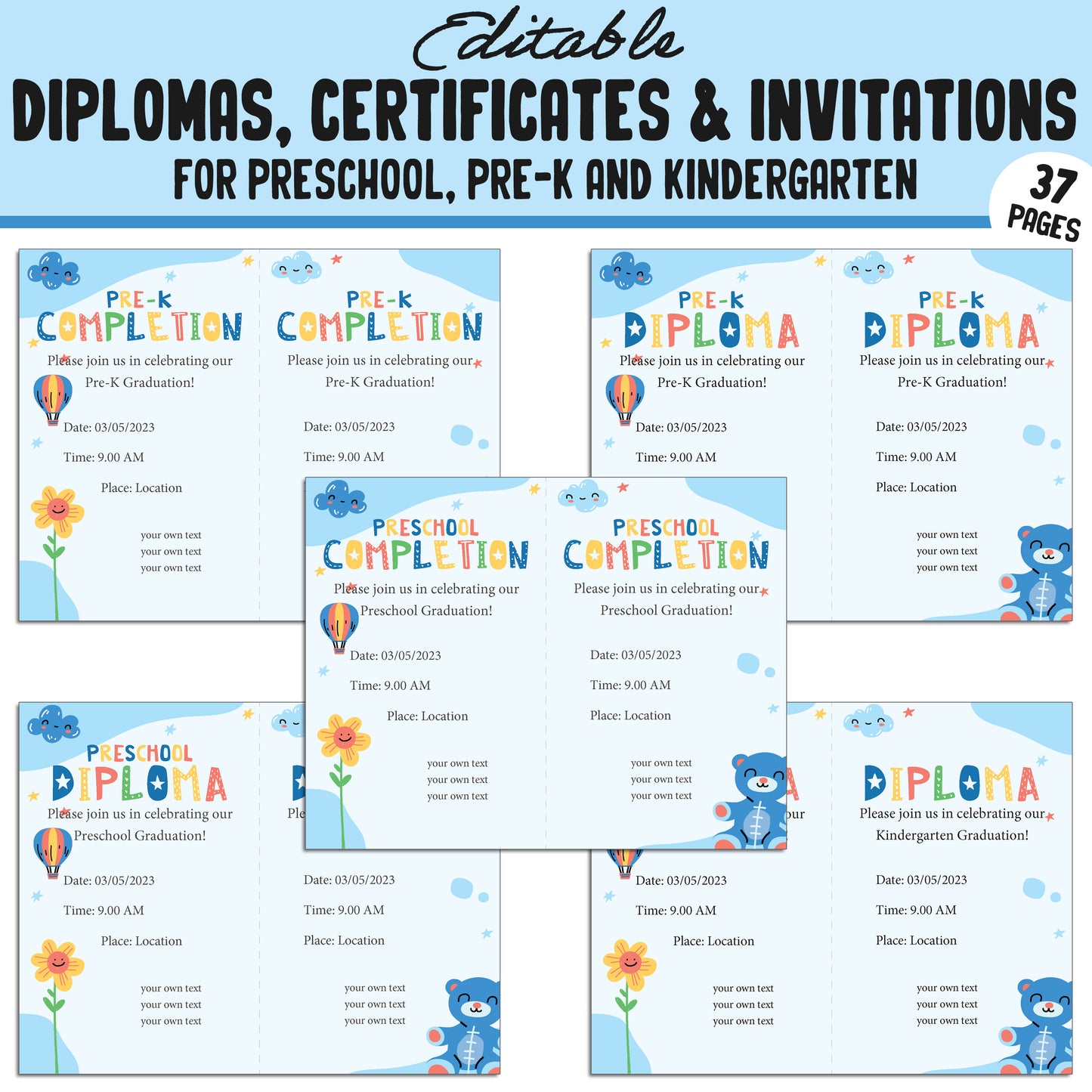 Preschool Diploma Template, PreK, Preschool, Kindergarten Diplomas, Certificates & Invitations β 37 Customizable PDF Pages, Instant Download