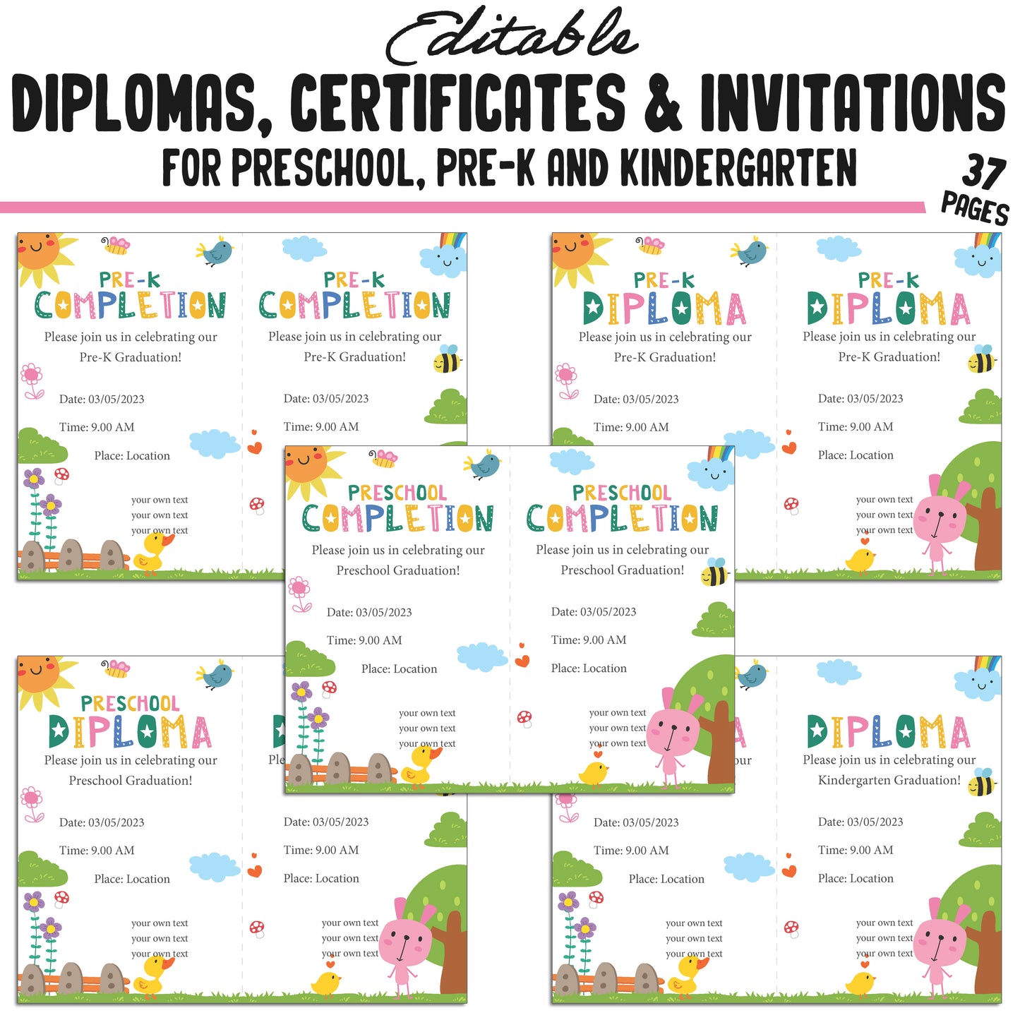 37 Editable Pre-K Completion Certificates, Kindergarten, Preschool Diplomas & Invitation Templates, Cute Spring-Themed, PDF Instant Download