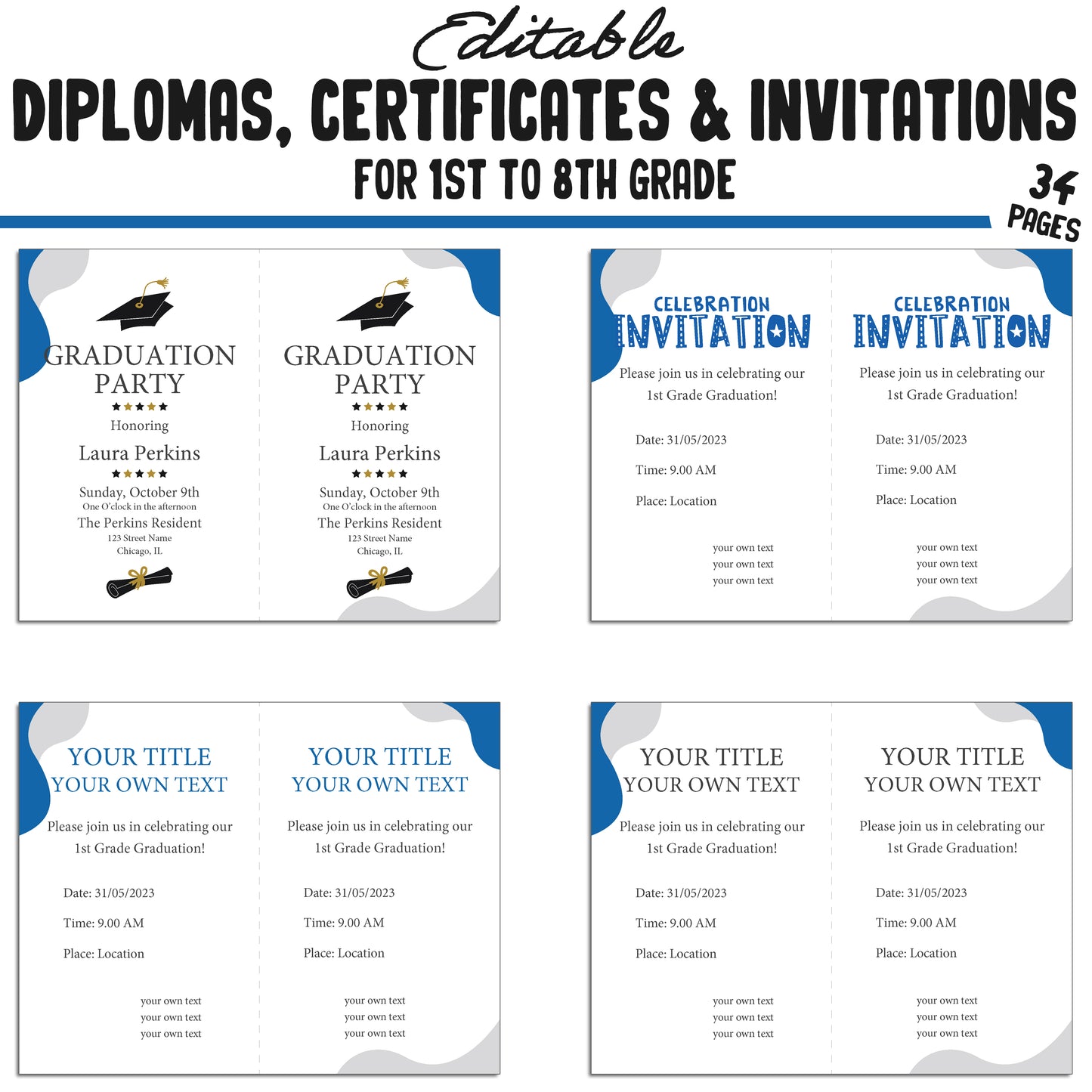 Editable 1st-8th Grade Graduation Certificate, Diploma, and Invitation Templates in a Modern Blue and Grey Theme - PDF Instant Download