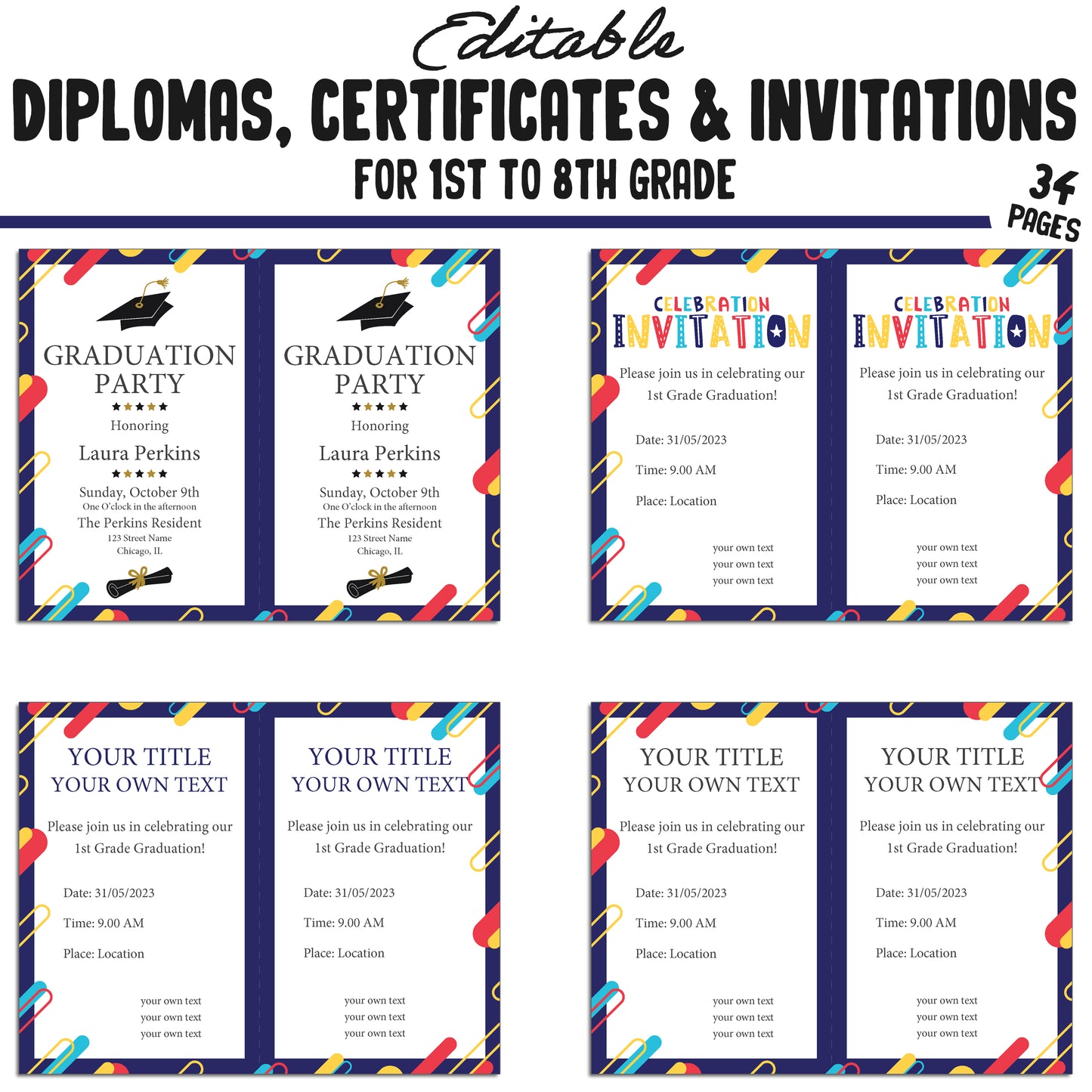 Editable 6th Grade Diplomas, 1st-8th Grade Certificates & Invitation Templates in Abstract Theme - 34 Pages, PDF Instant Download
