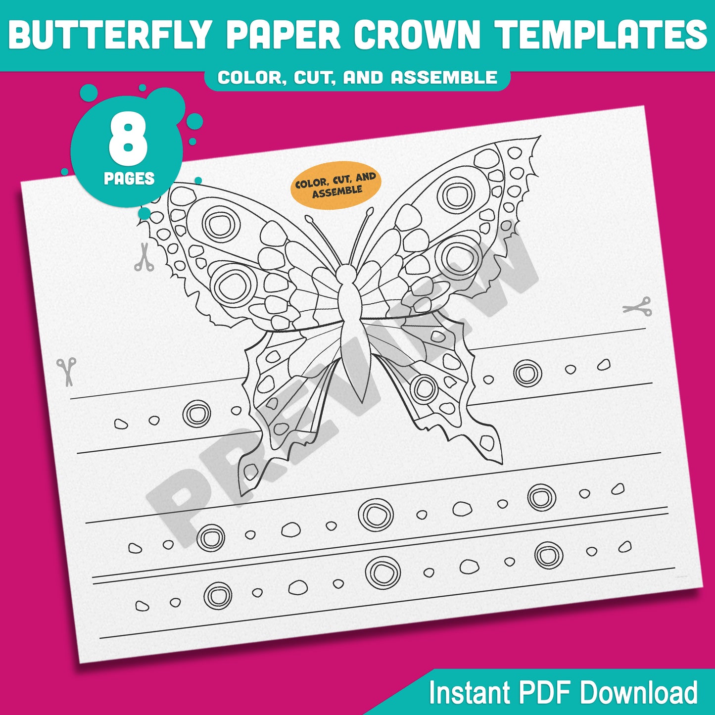 Printable Butterfly Paper Crowns – 4 Adorable Designs for Spring Headband Crafts, Pre-Colored + B&W Versions, 8 Pages for Kids