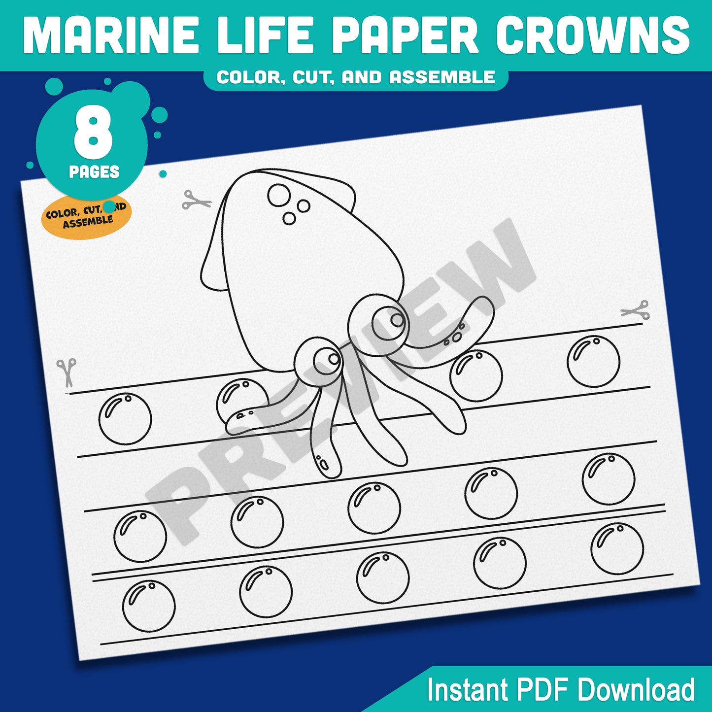 Marine Life Paper Crowns β Printable 8-Page Set with Pre-Colored + Black & White Sea Creatures, Great for Crafts and Pretend Play Activities