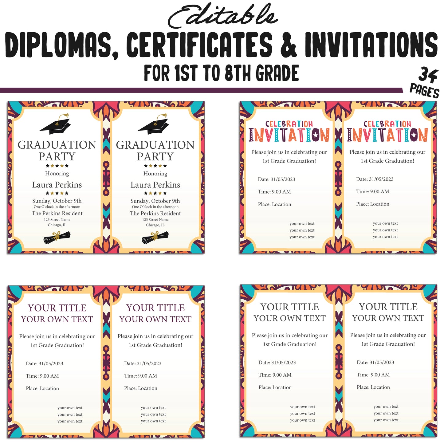 Editable 8th Grade Diplomas, 1st-8th Grade Certificates, and Invitation Templates in Tribal Mandala Design - 34 Pages, PDF Instant Download