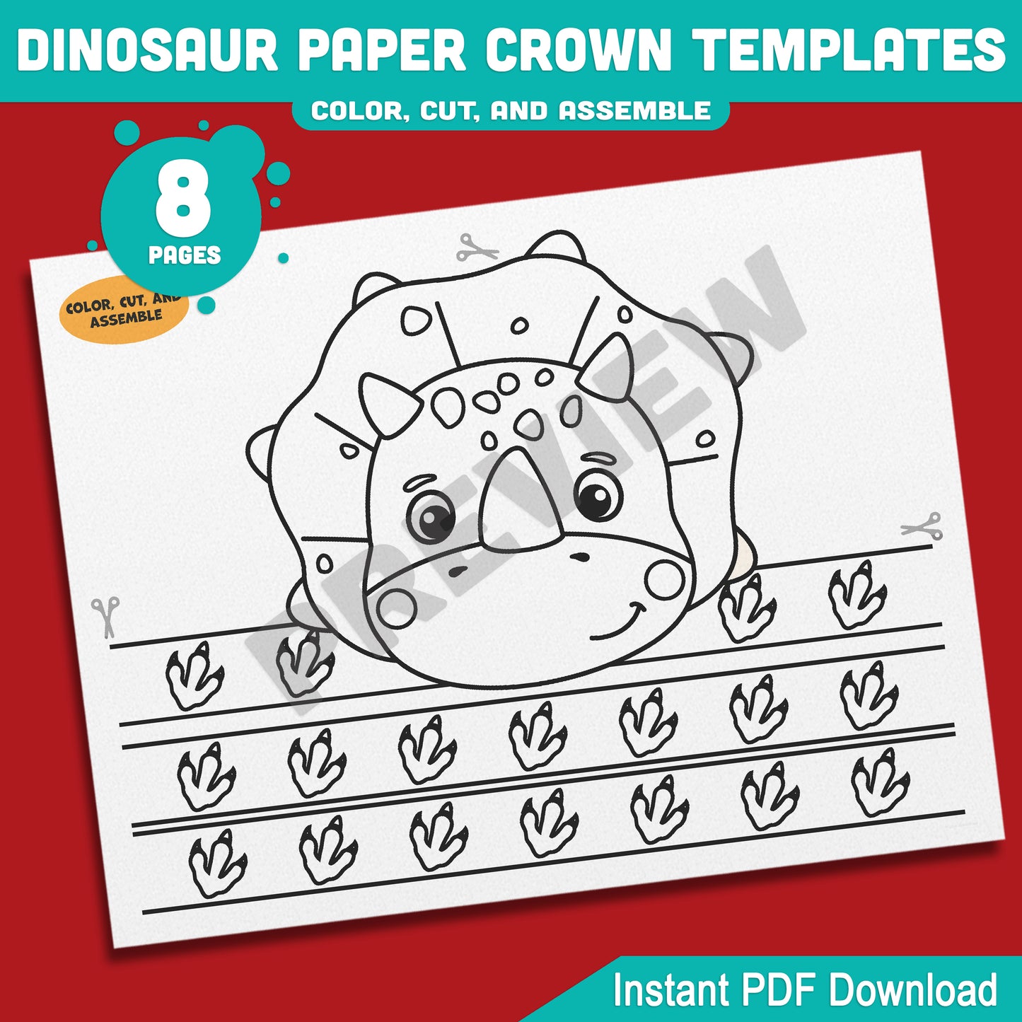 Dinosaur Paper Crowns for Kids – 4 Printable Hat and Headband Designs in Color and Black & White, 8-Page Craft Download, PDF Format