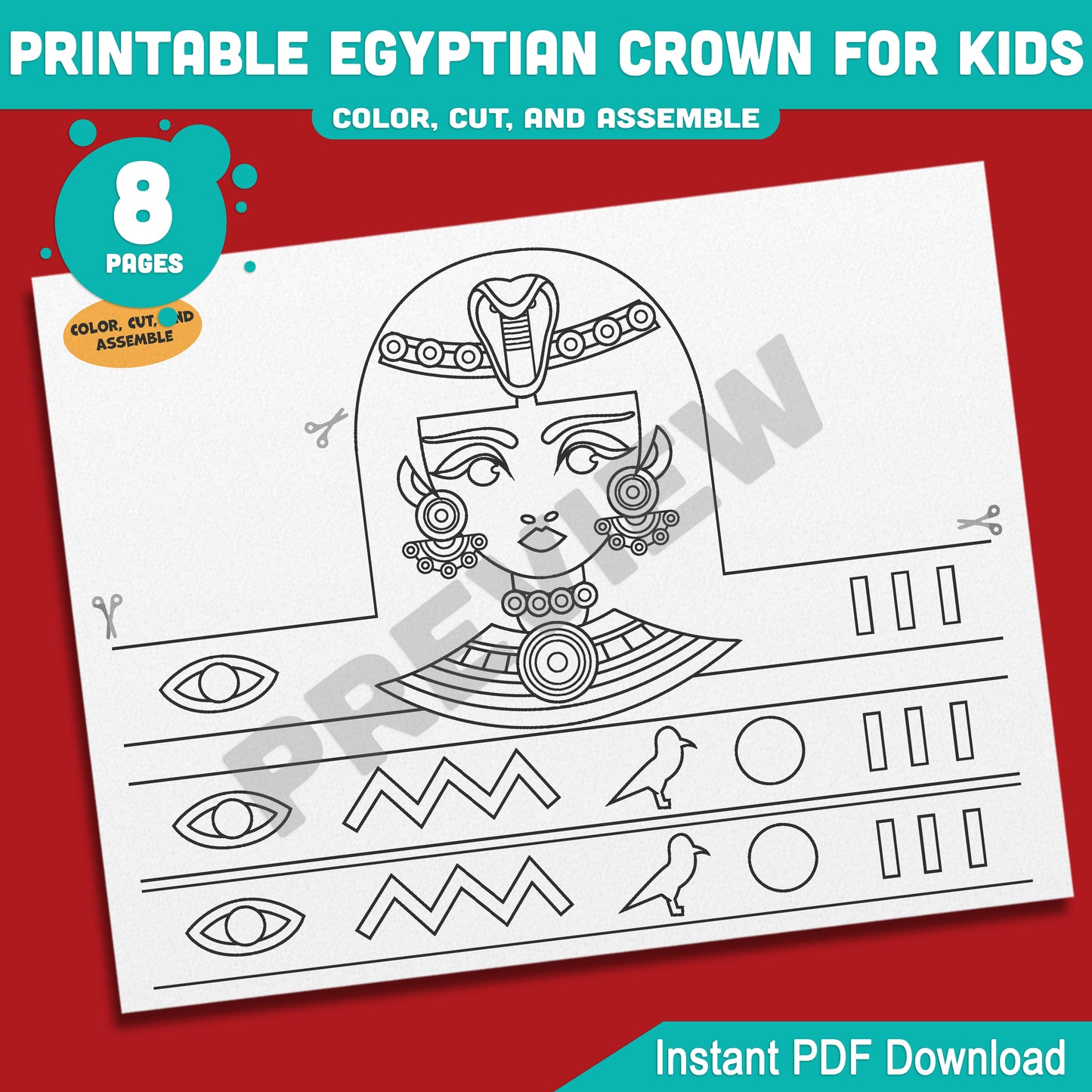 Printable Egyptian Crown for Kids, Pharaoh Cleopatra Sphinx Anubis Paper Hat and Headband Crafts, Fun Color Cut & Wear Activity, 5 Designs, PDF
