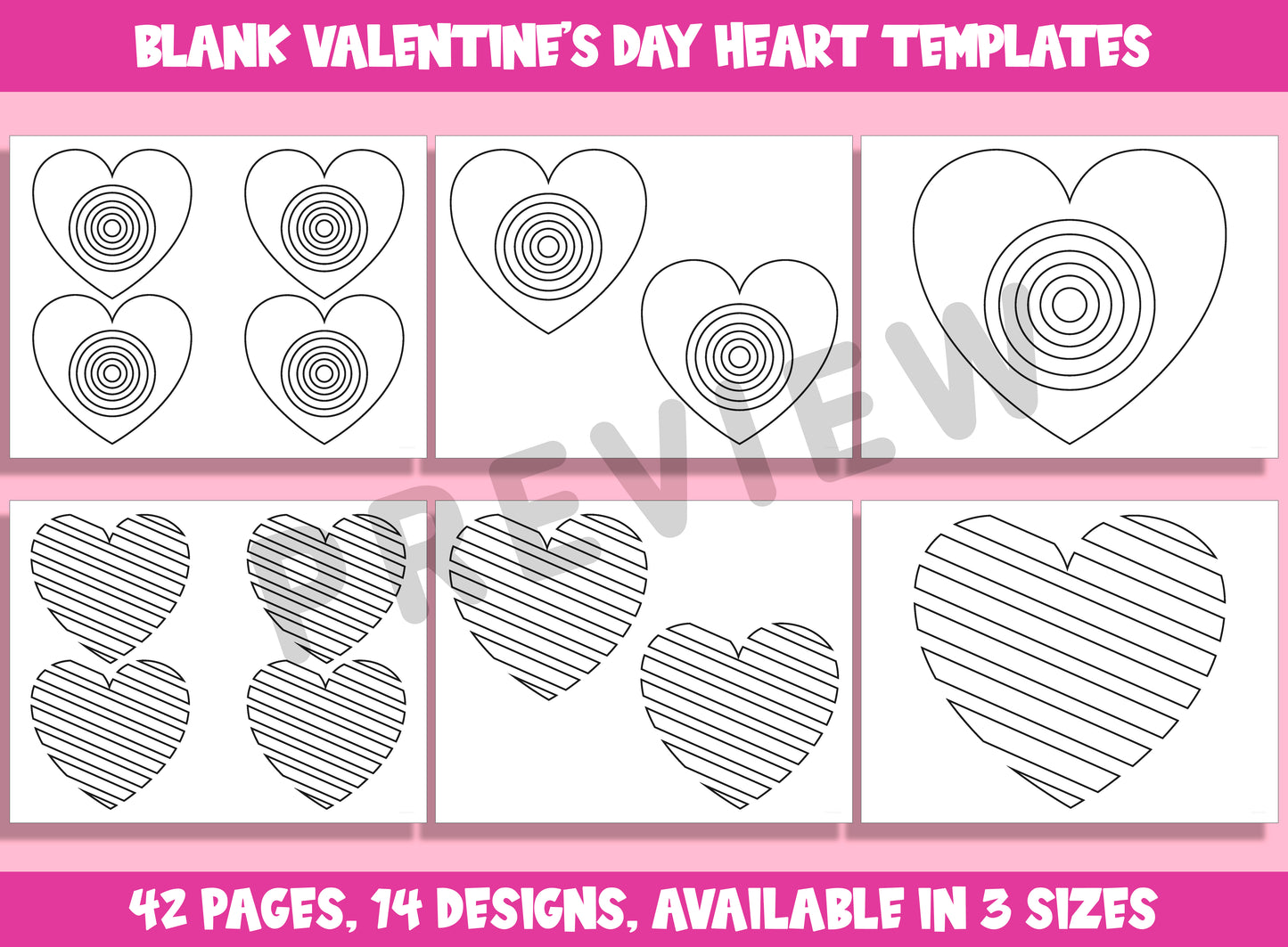 Blank Valentine's Day Heart Templates, Coloring Clipart Bundle, 42 Pages, 14 Designs, Available in 3 Sizes, PDF File, Instant Download