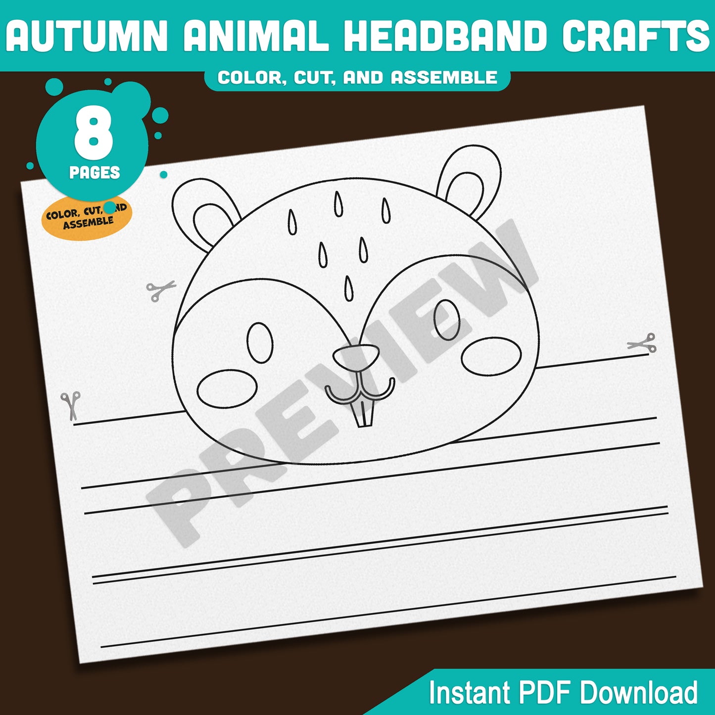 Printable Autumn Animal Headband Crafts, Fall Crown and Paper Hat Activity for Kids, Fun Color, Cut & Wear Craft, 5 Animal Designs, Black & White + Pre-colored, PDF