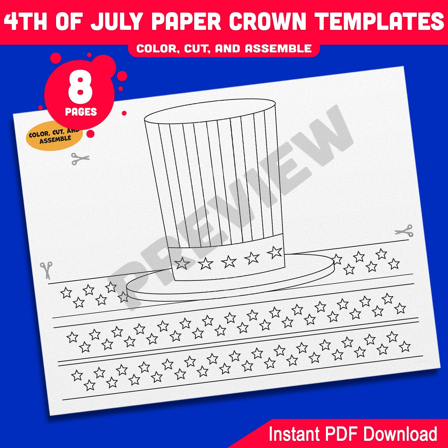 Independence Day Paper Crowns – 4 Printable USA-Themed Hat Designs for Kids in Color & Black & White, Fun Craft for July 4th, 8 Pages