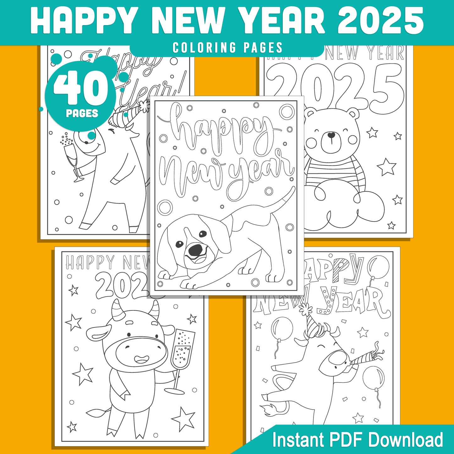 Kids' 2025 New Year Coloring Pages: 40 Funny Animal Prints for Holiday Fun, Creative Printable Activities, PDF Instant Download
