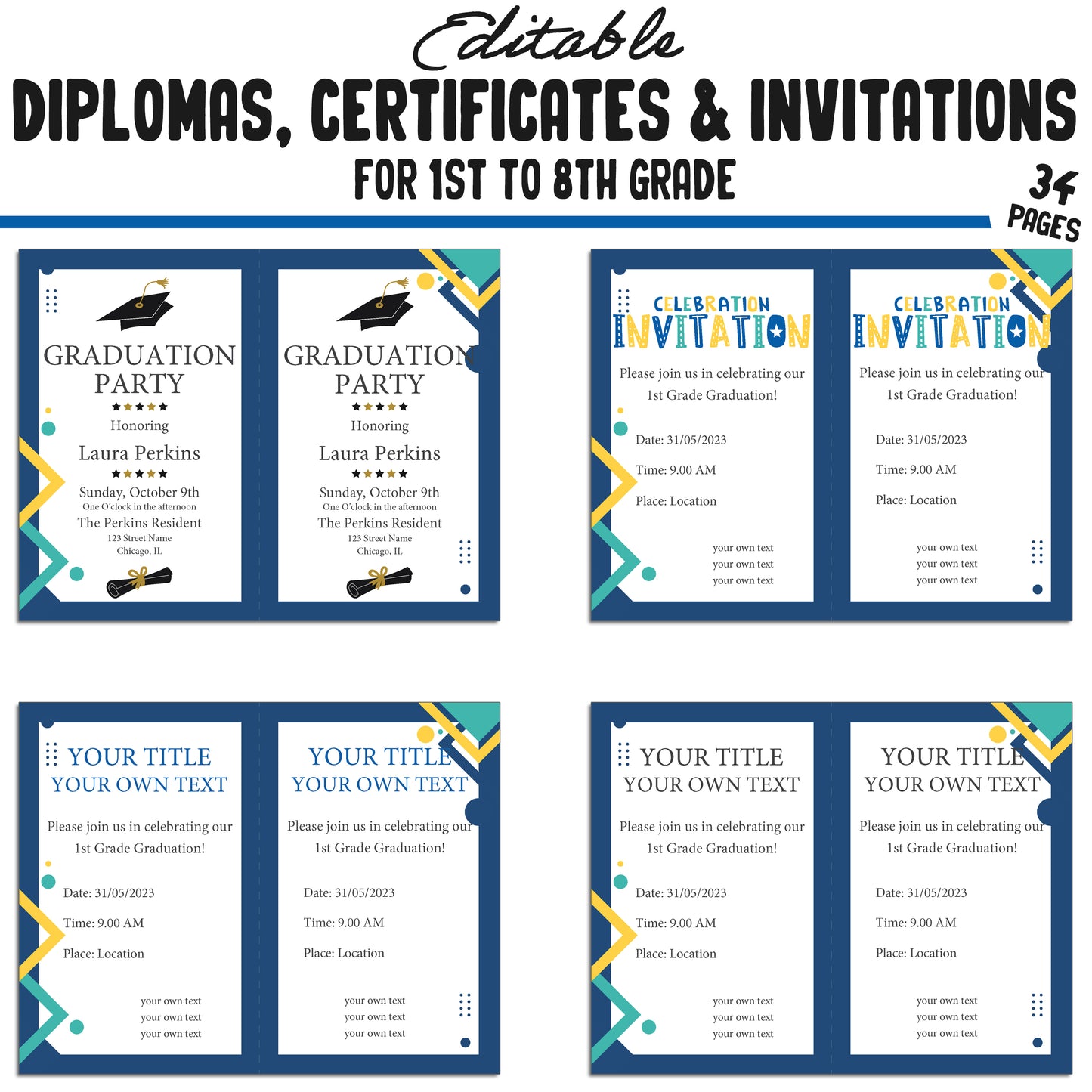 Personalized 2nd Grade Diplomas, 1st-8th Grade Achievement Certificates & Invitation Templates in a Flat Modern Theme - PDF Instant Download