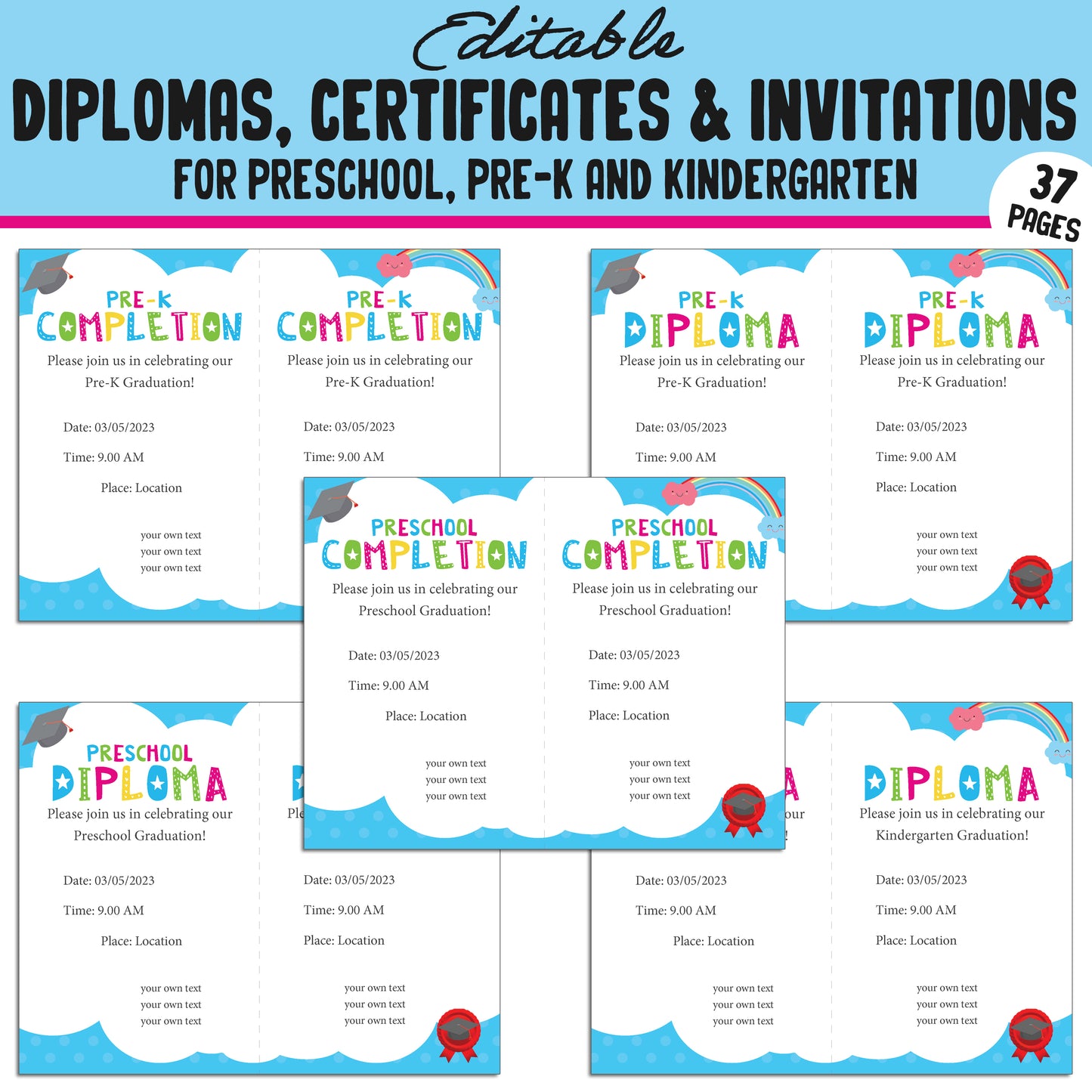 37 Editable Pre-K, Preschool, and Kindergarten Diplomas, Certificates, and Invitations β Instant PDF Download!