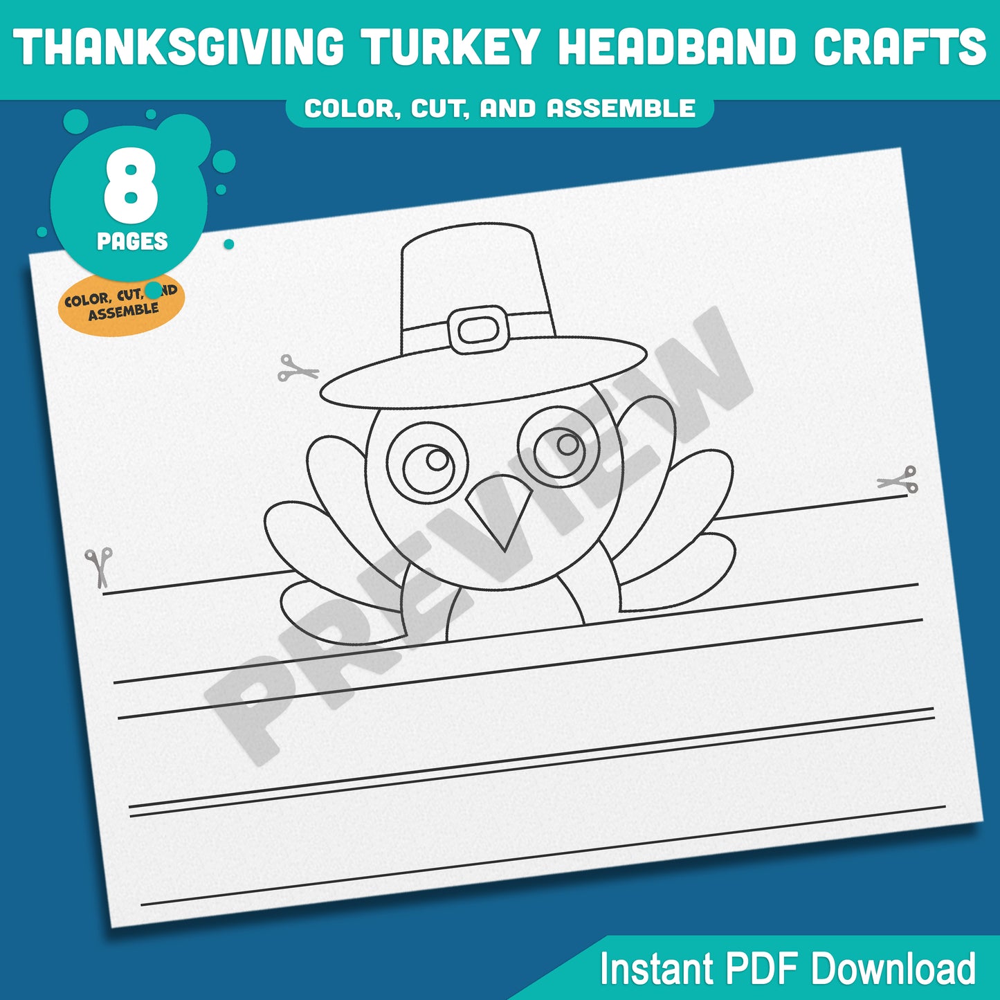 Printable Thanksgiving Turkey Headband Crafts, Fall Paper Crown Hat for Kids, Color, Cut & Wear Autumn Activity, 5 Turkey Designs, Pre-colored + Black & White, PDF