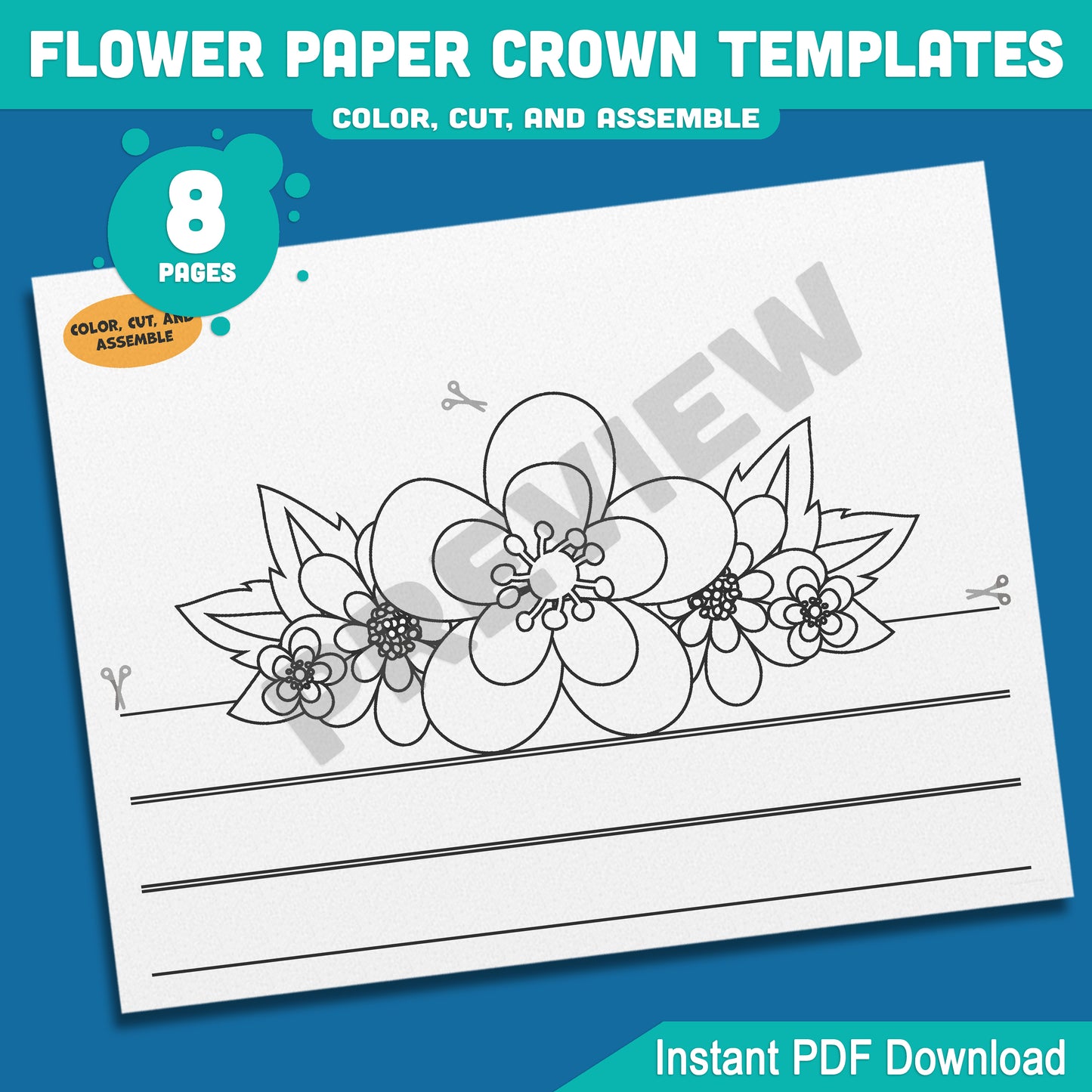Spring Flower Paper Crown Templates: 4 Cute Hat Designs for Kids in Color and Black & White, Fun Printable Headbands, 8 Pages PDF