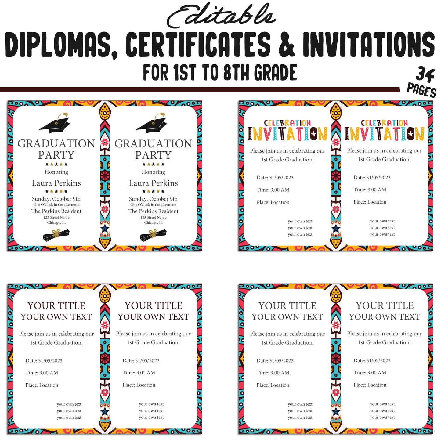 Printable 8th Grade Diplomas, Editable 1st-8th Grade Certificates, Invitation Templates in Tribal Mandala Design, 34 Pages, Instant Download