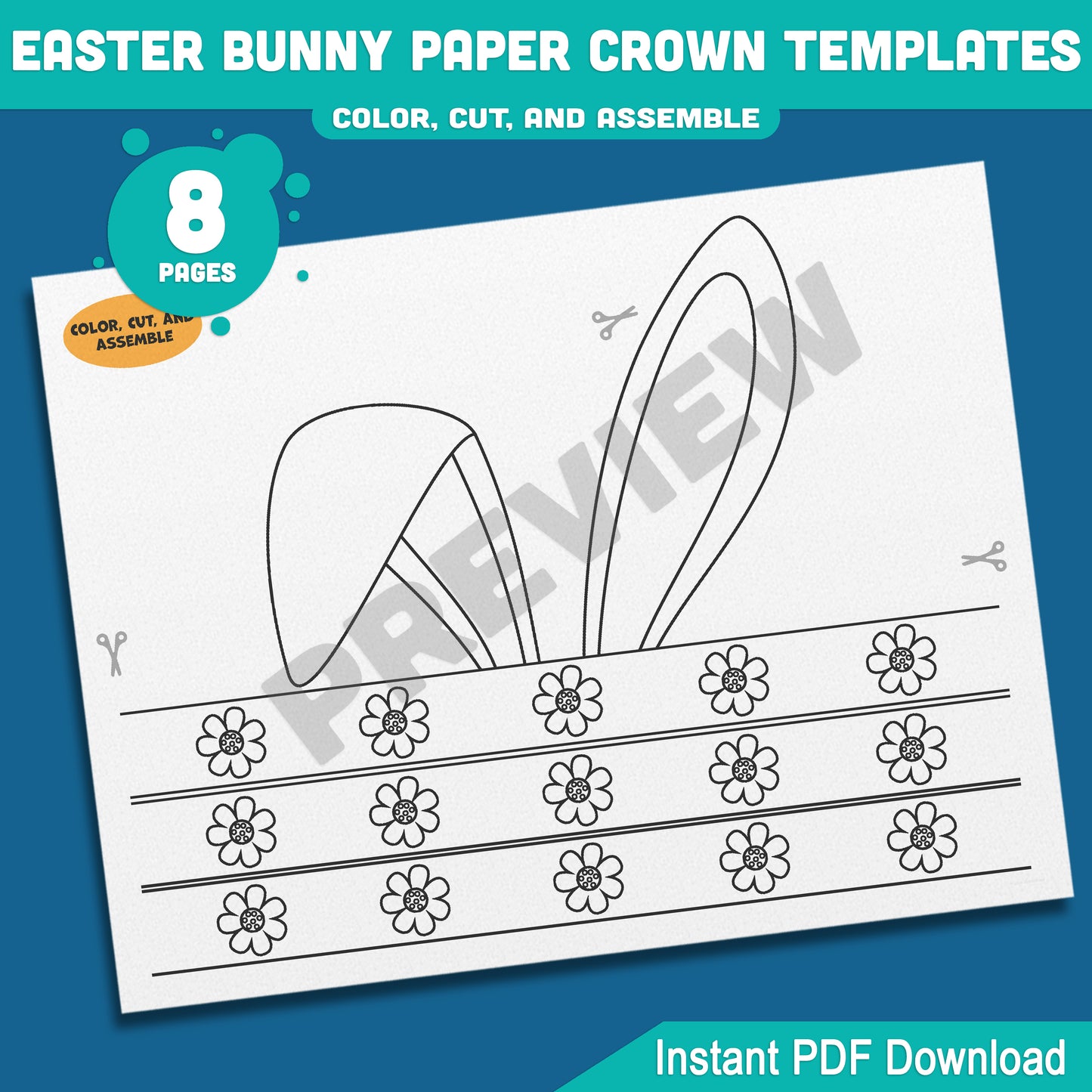 Easter Bunny Hat Paper Crown Templates, 8-Page Printable Rabbit Ears Headband for Kids, 4 Cute Designs in Color & Black and White, Fun Spring Craft for Easter Celebrations, Instant PDF Download.