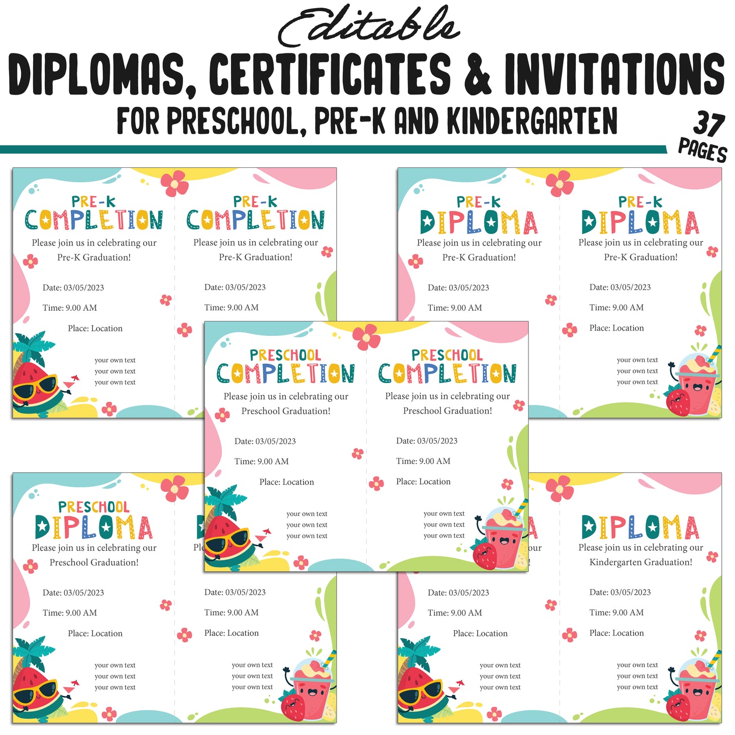 37 Summer-Themed Pre-K, Kindergarten, and Preschool Diplomas, Certificates, and Invitation Templates (PDF) - Instant Download