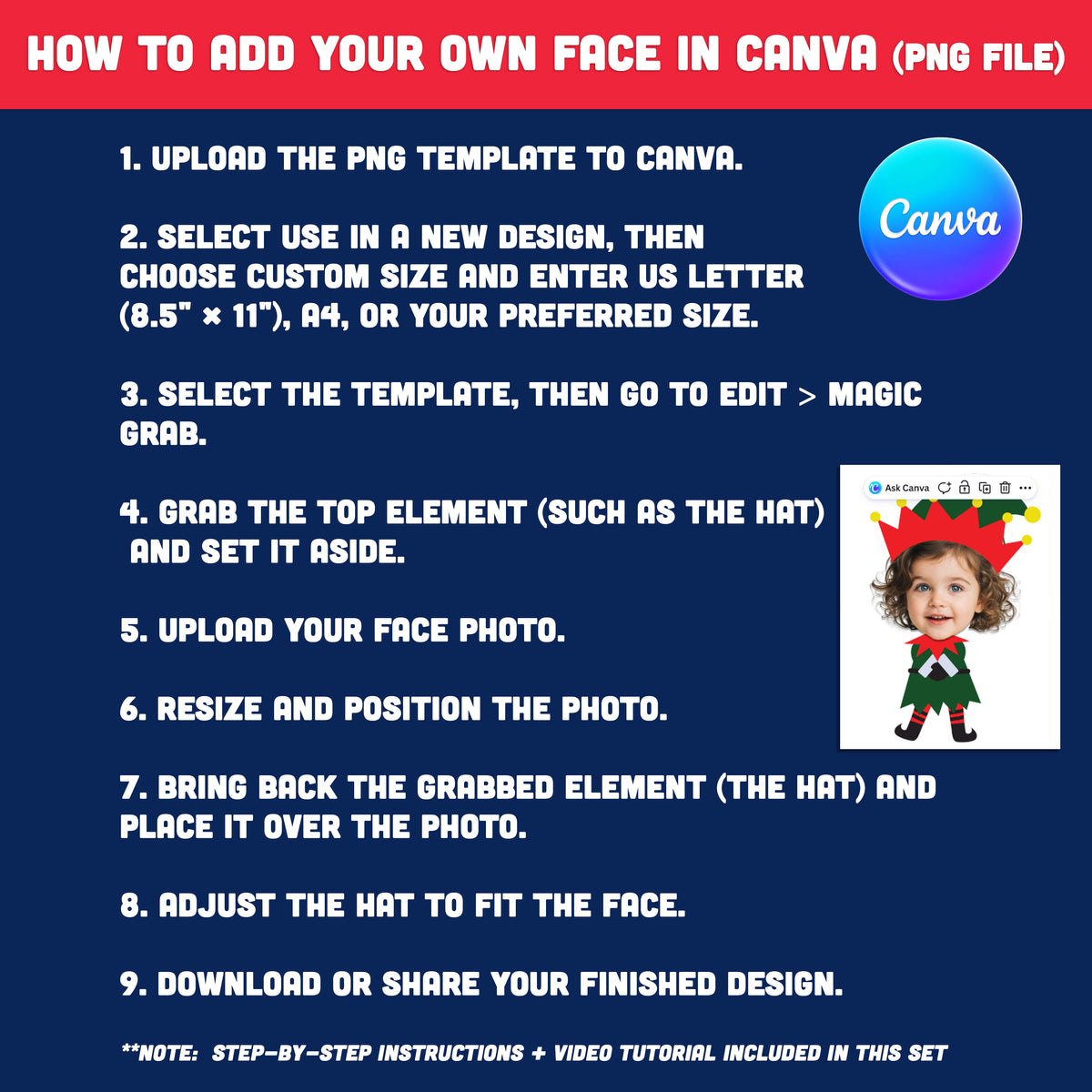 Christmas Elf Templates, Printable Face Craft for Kids, PDF + PNG, Coloring Version