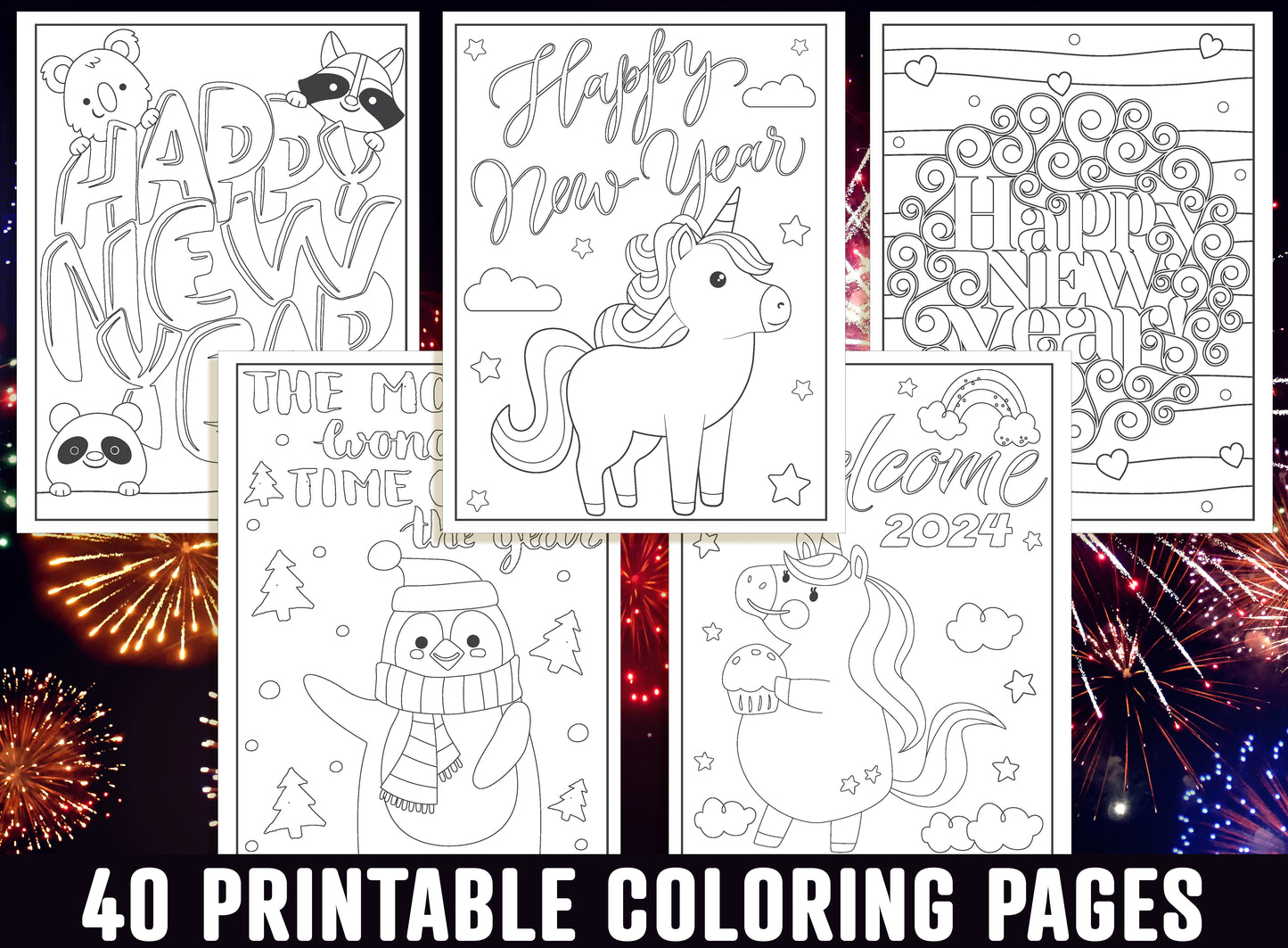 2024 New Year Coloring Pages, 40 Printable Happy New Year Coloring Pages for Kids, Boys, Girls, Teens. New Year Party Activity, PDF Download