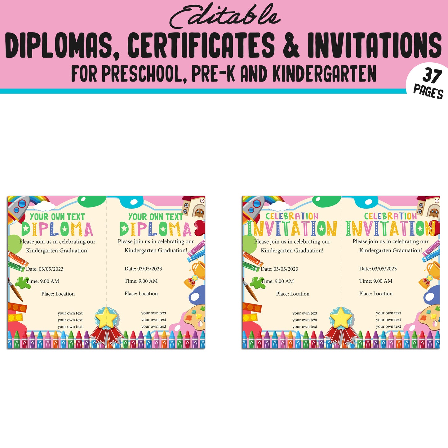 Editable Preschool, Pre-K, and Kindergarten Diplomas, Certificates, and Invitations β 37 Customizable PDF Pages, Instant Download