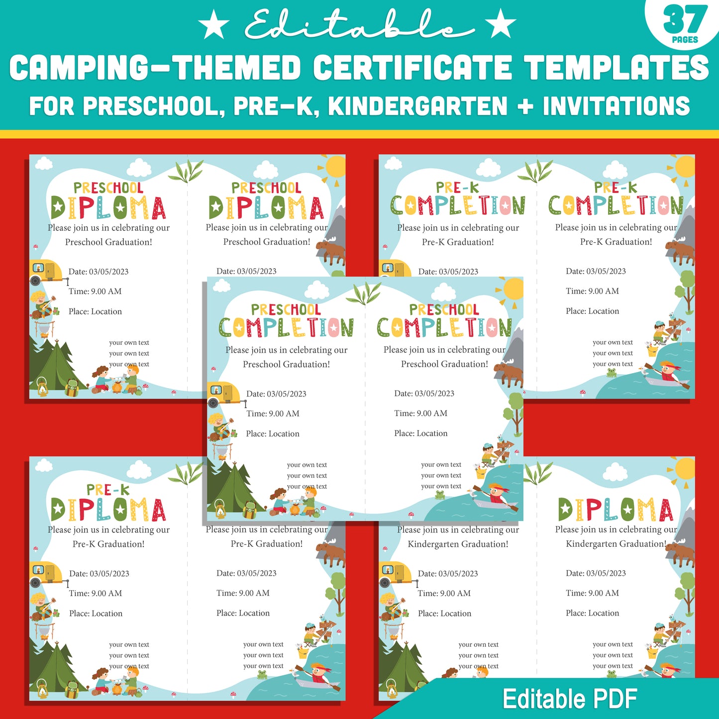 Preschool to Kindergarten Camping Certificate Pack β 37 Editable Templates with Diplomas & Invitations, Fun Outdoor Theme PDF Download