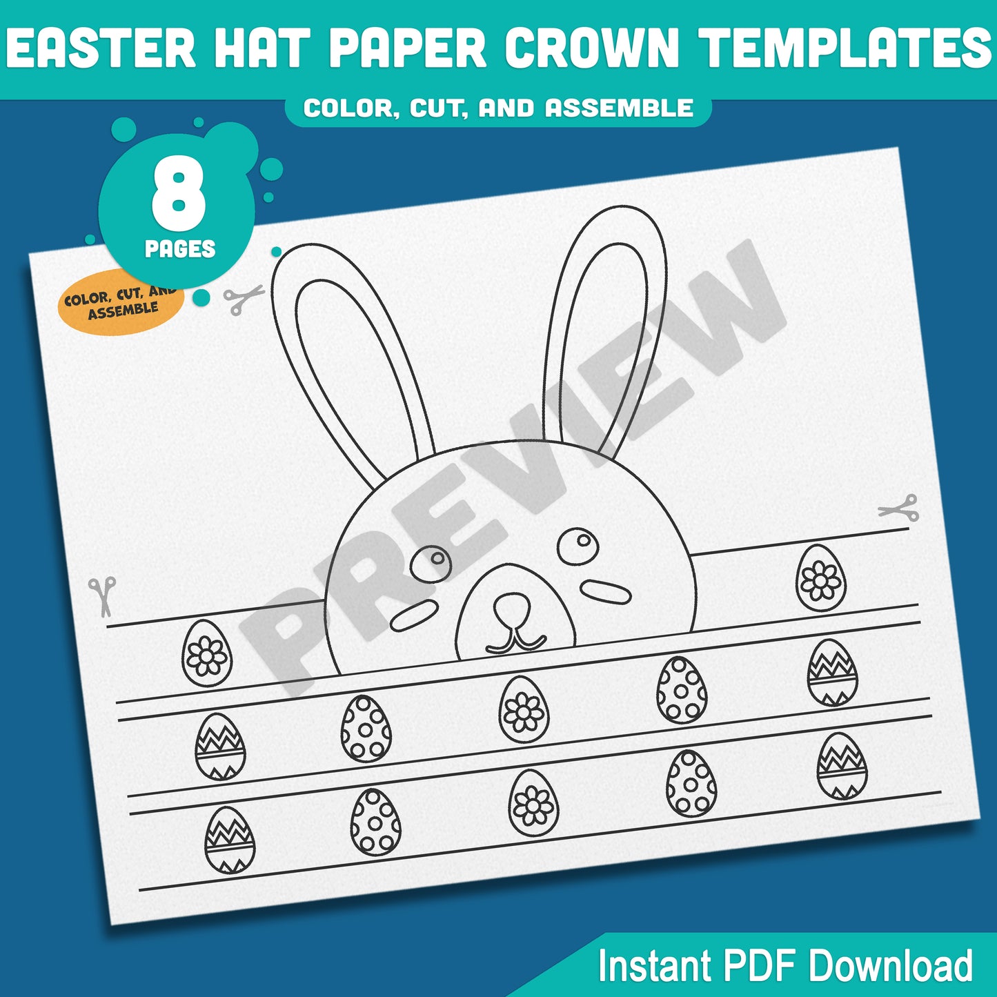 DIY Easter Hat Paper Crown, 8-Page Printable Kids Craft with 4 Fun Headband Designs, Bunny & Chick Theme, Pre-Colored & Coloring Options.