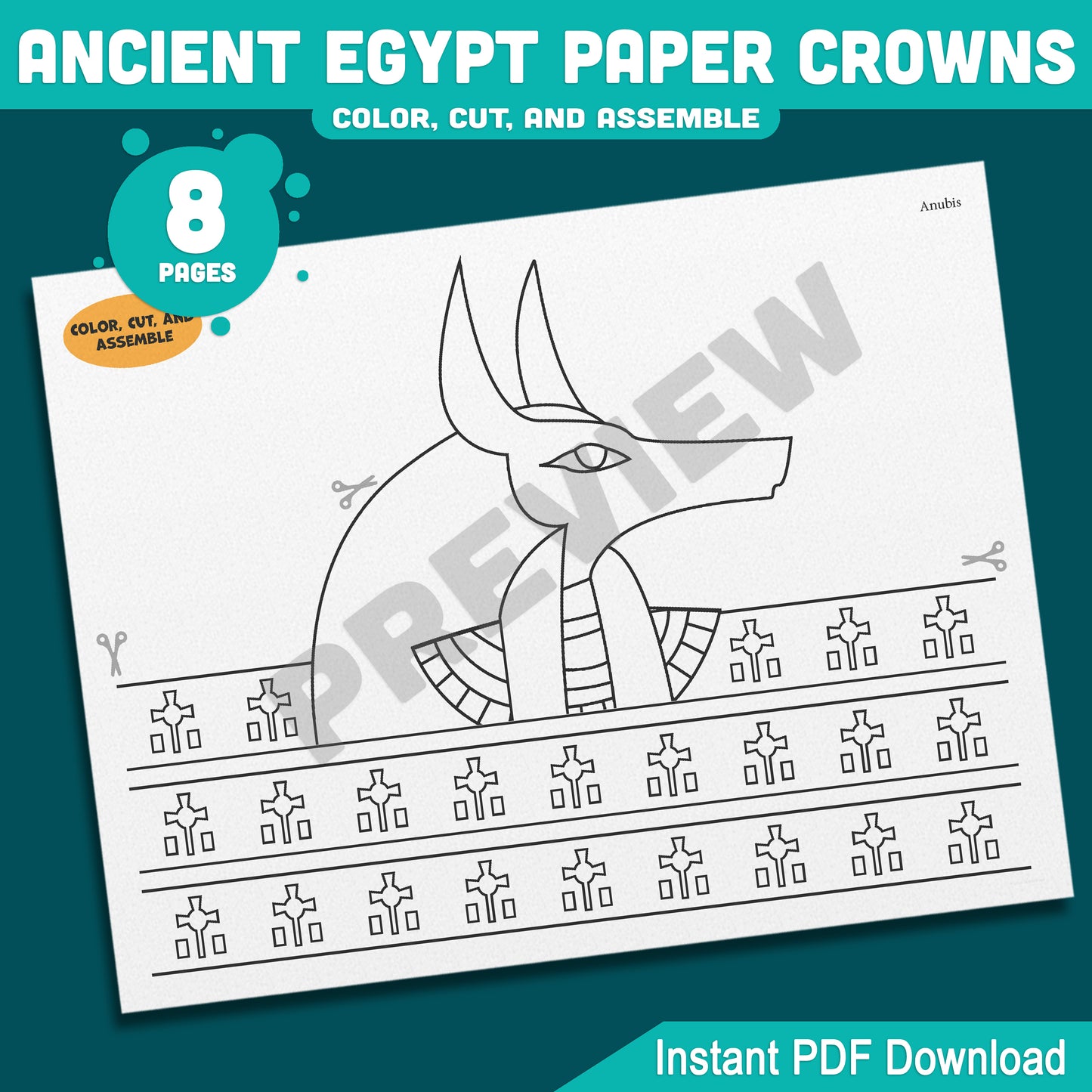 Ancient Egypt Crown Templates – Fun Printable Kids Craft with Pharaoh, Cleopatra, Anubis & Thoth Designs, Easy DIY Headbands, PDF Instant