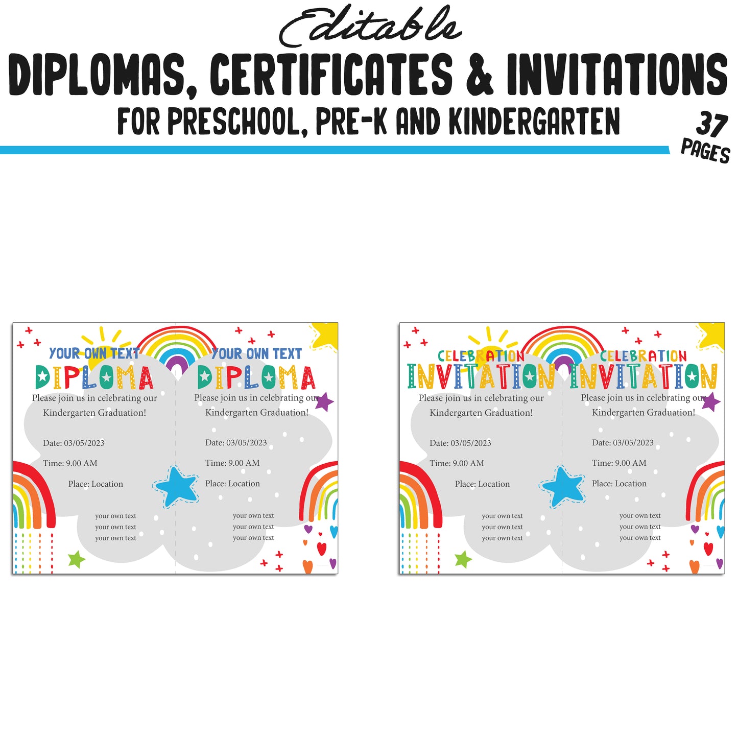 37 Editable Printable Pre-K, Kindergarten, and Preschool Diplomas, Certificates, and Invitation Templates (PDF File) - Instant Download