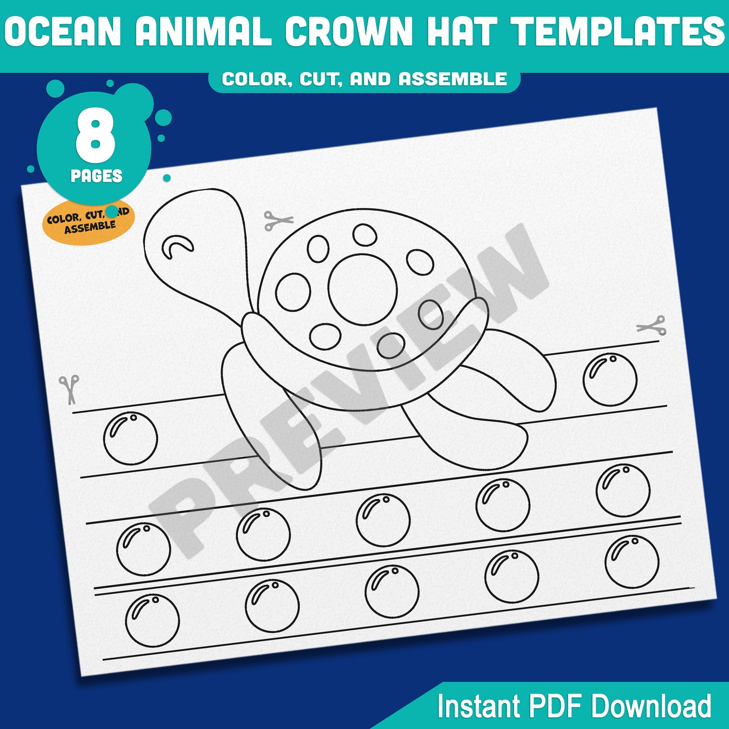 Ocean Animal Crown Hat Templates, Fun Printable Headband Craft for Kids – 8 Pages with Pre-Colored + Black & White, PDF for Teachers & Parents