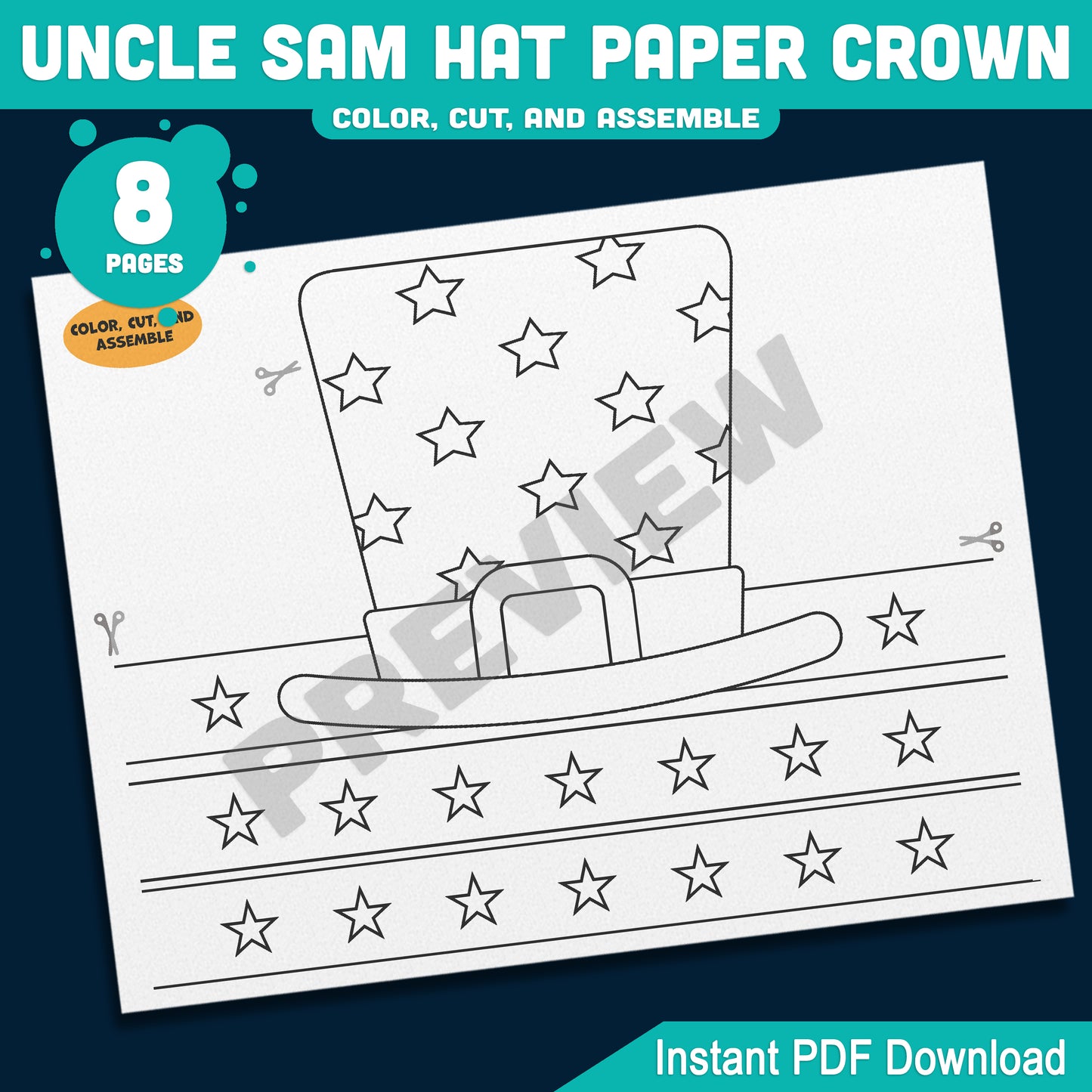 Uncle Sam Paper Hat Crown – Fun USA Patriotic Headband for Preschool & Kindergarten, Party Craft for July 4th or Veterans Day, PDF Download