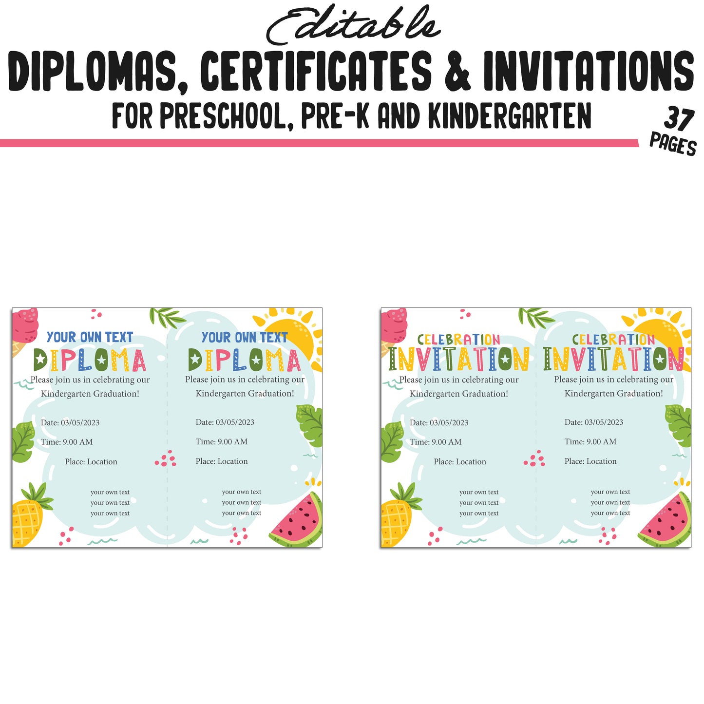 37 Customizable Pre-K Diplomas, Kindergarten, and Preschool Certificates, and Invitation Templates (PDF Files) - Instant Download