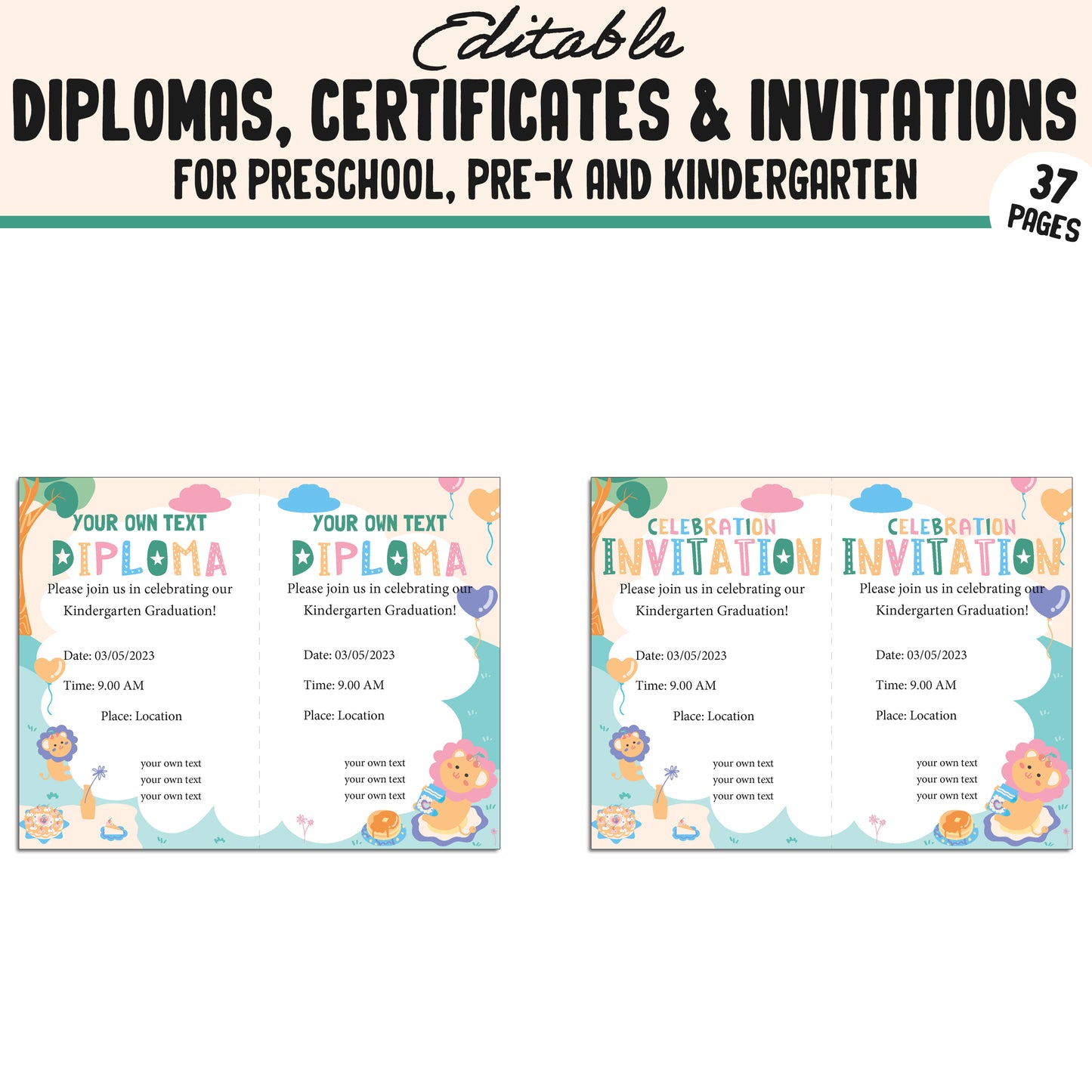 Editable Kindergarten, PreK, Preschool Diplomas, Certificates & Invitations β 37 Customizable PDF Pages, Instant Download