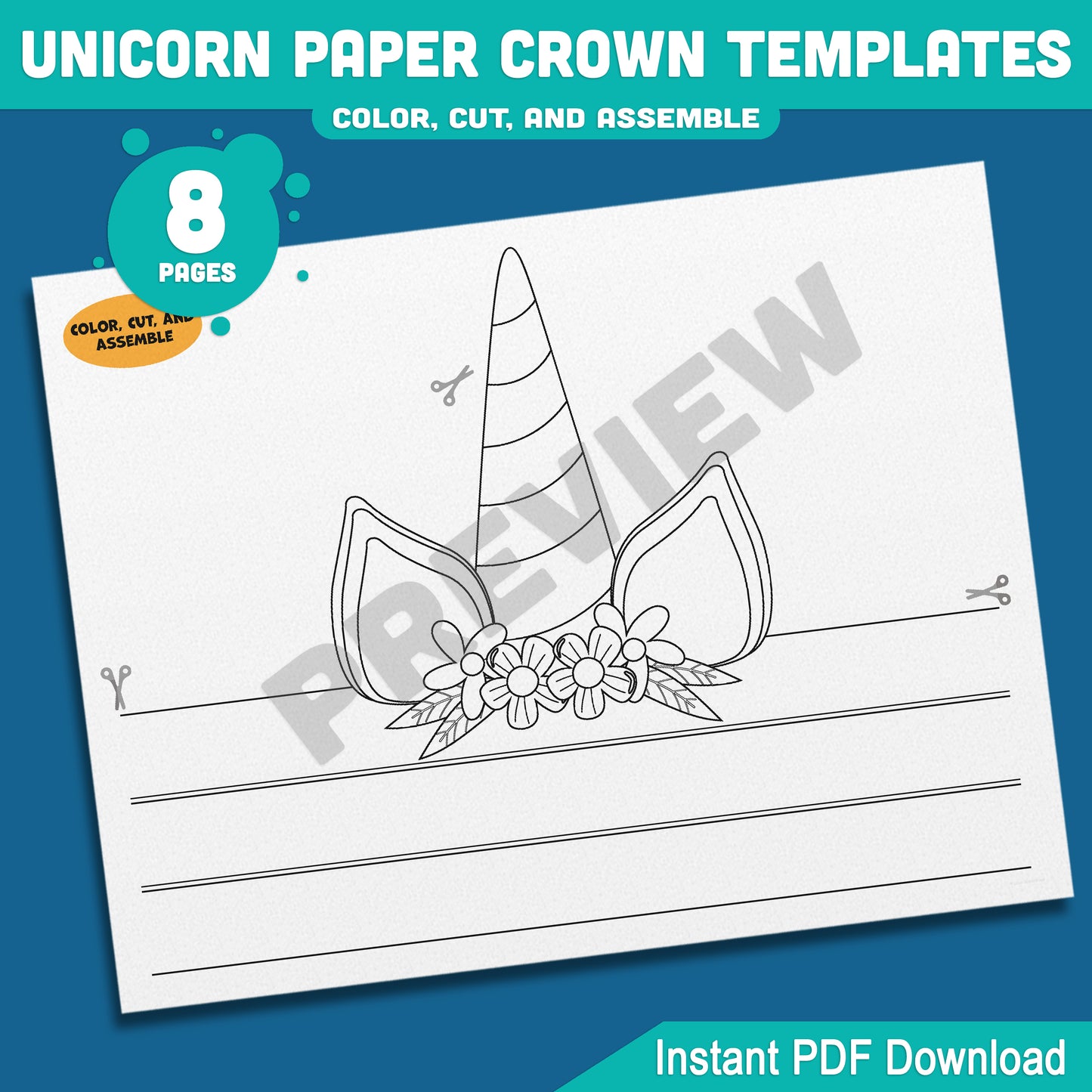 Unicorn Paper Crown Templates, Printable Headband Hat for Kids, 8 Pages, 4 Designs in Pre-Colored and Black & White, Instant PDF Download.