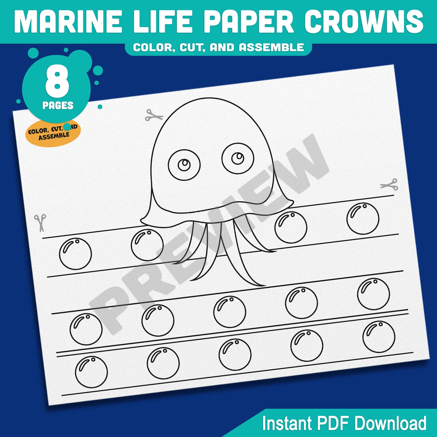 Marine Life Paper Crowns β Printable 8-Page Set with Pre-Colored + Black & White Sea Creatures, Great for Crafts and Pretend Play Activities