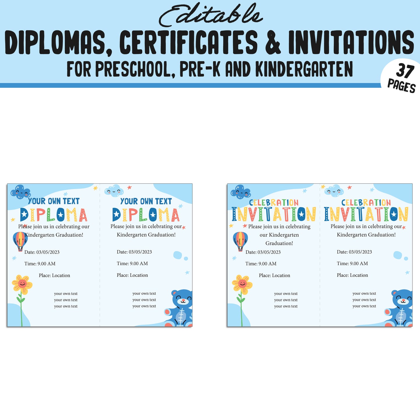 Preschool Diploma Template, PreK, Preschool, Kindergarten Diplomas, Certificates & Invitations β 37 Customizable PDF Pages, Instant Download