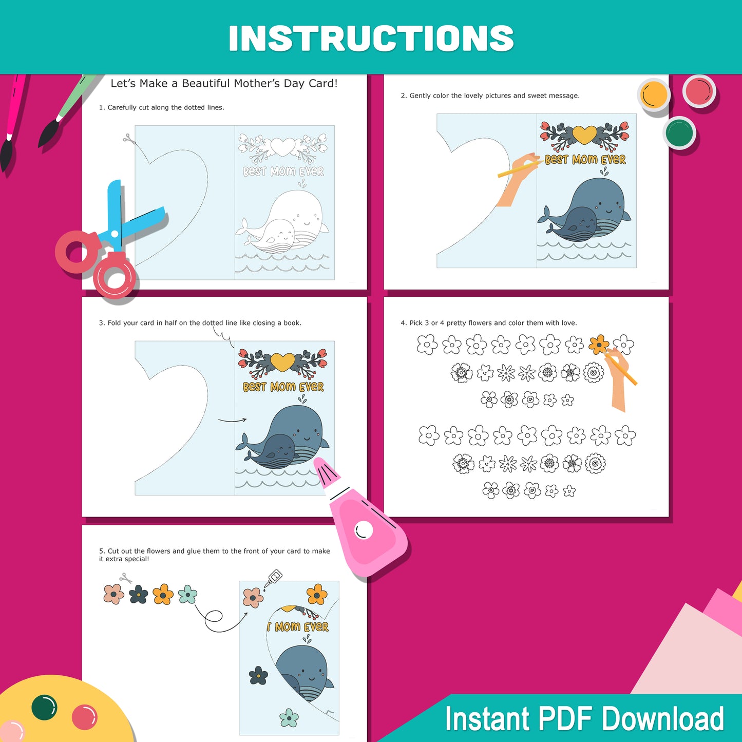 Printable Mother’s Day Cards to Color – 5 Foldable Animal Mom Designs with Sweet Messages and Floral Covers, Fun Craft for Kids