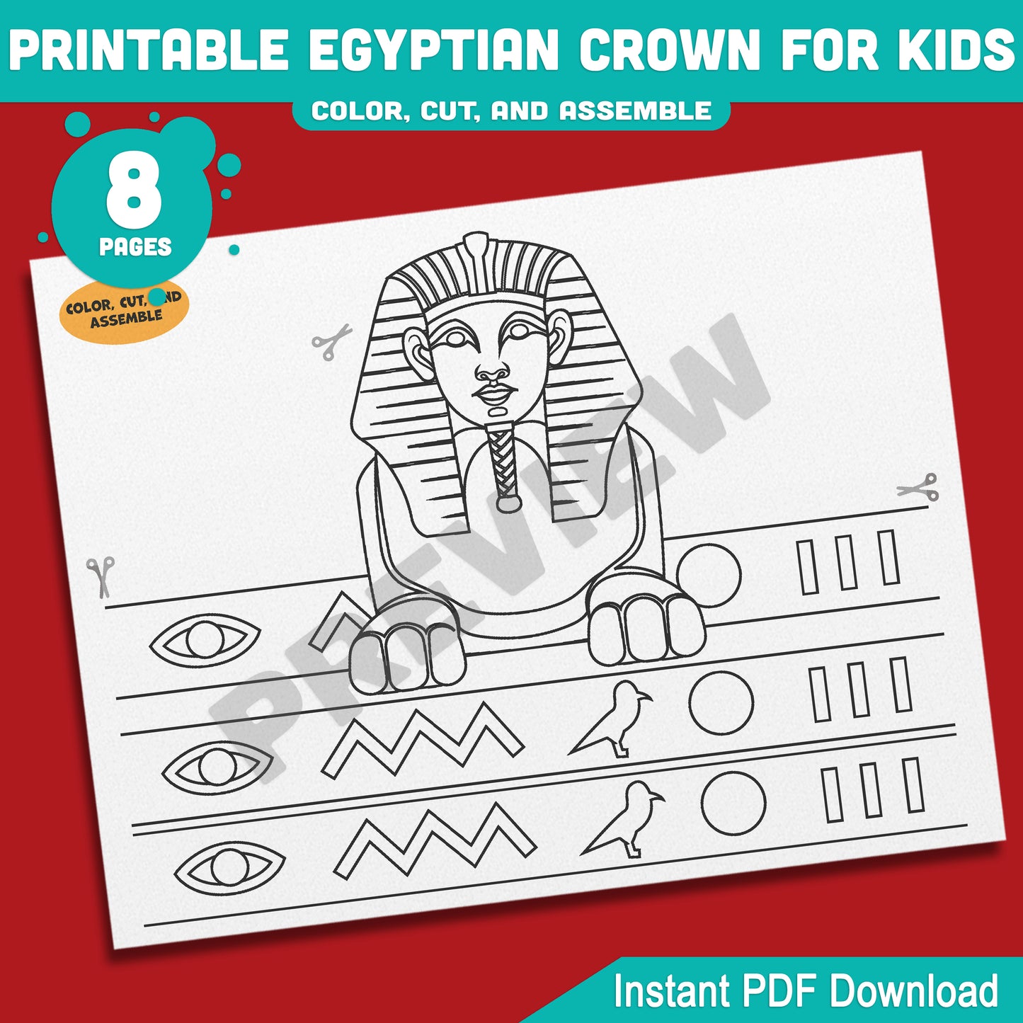 Printable Egyptian Crown for Kids, Pharaoh Cleopatra Sphinx Anubis Paper Hat and Headband Crafts, Fun Color Cut & Wear Activity, 5 Designs, PDF