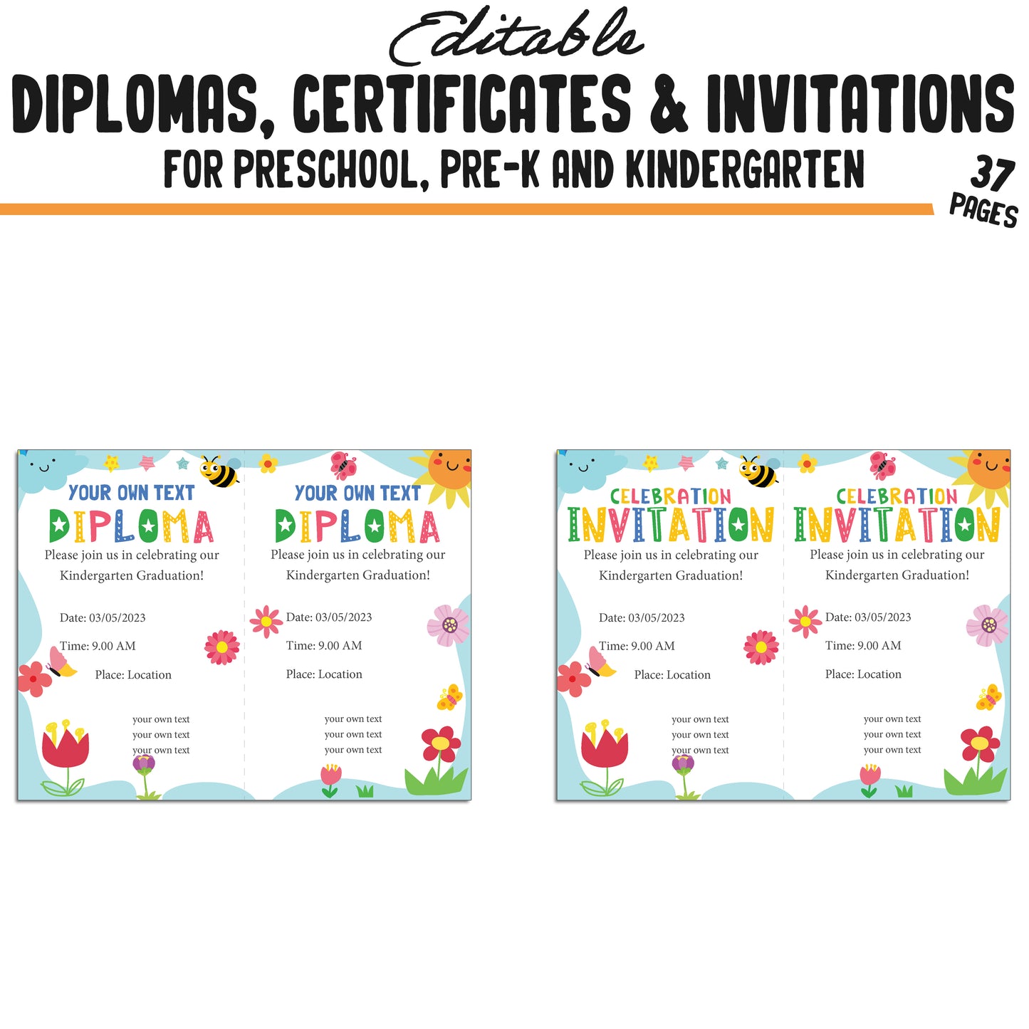 Printable Pre-K, Kindergarten, and Preschool Diplomas, Certificates, and Invitation Templates, Colorful Spring-Themed, PDF Instant Download.
